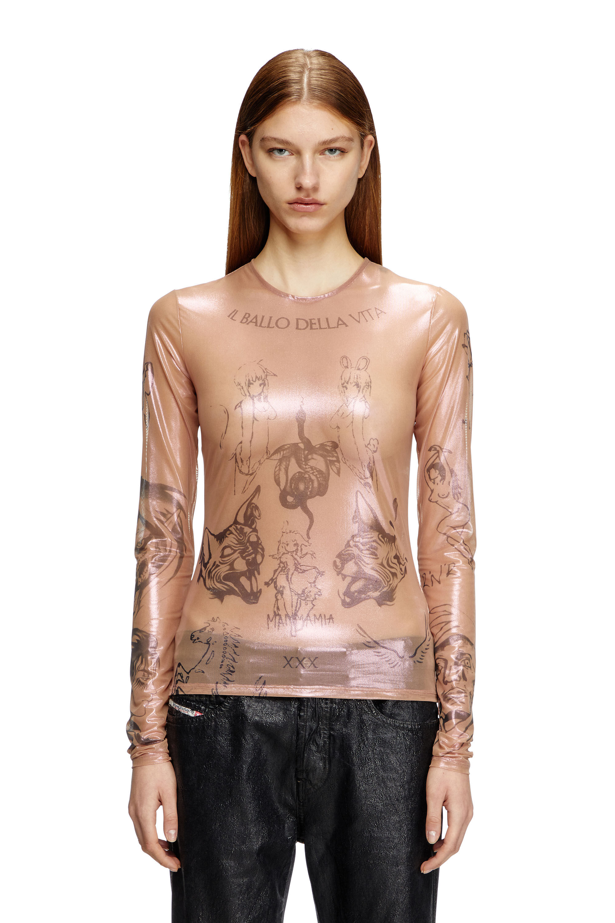Diesel - T-CLAUDE-DD, Top tatouage en tulle stretch enduit Mixte in Rose - 6