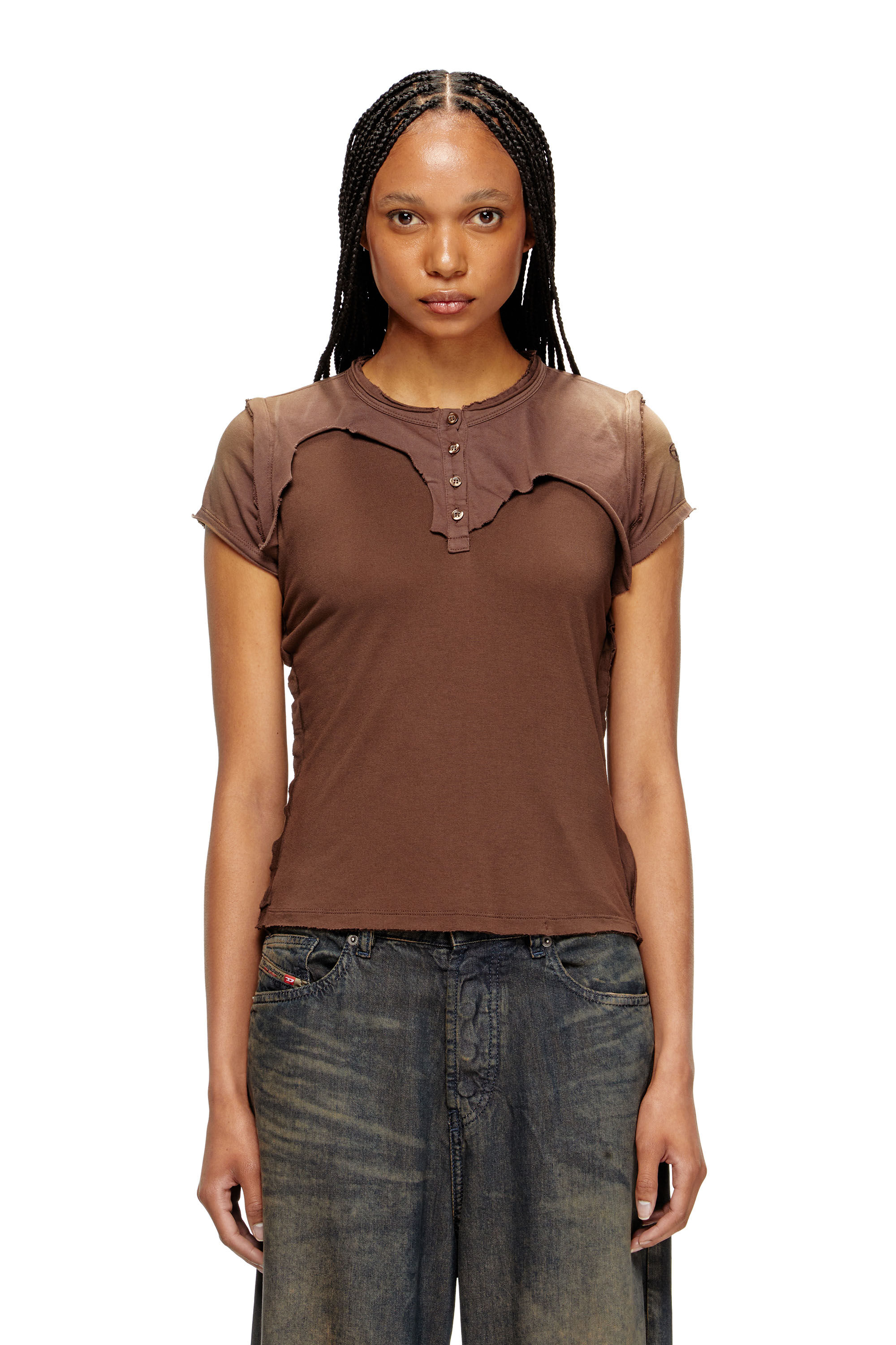 Diesel - T-UNRAWY, Woman's Henley T-shirt with peel-off effect in Brown - 3
