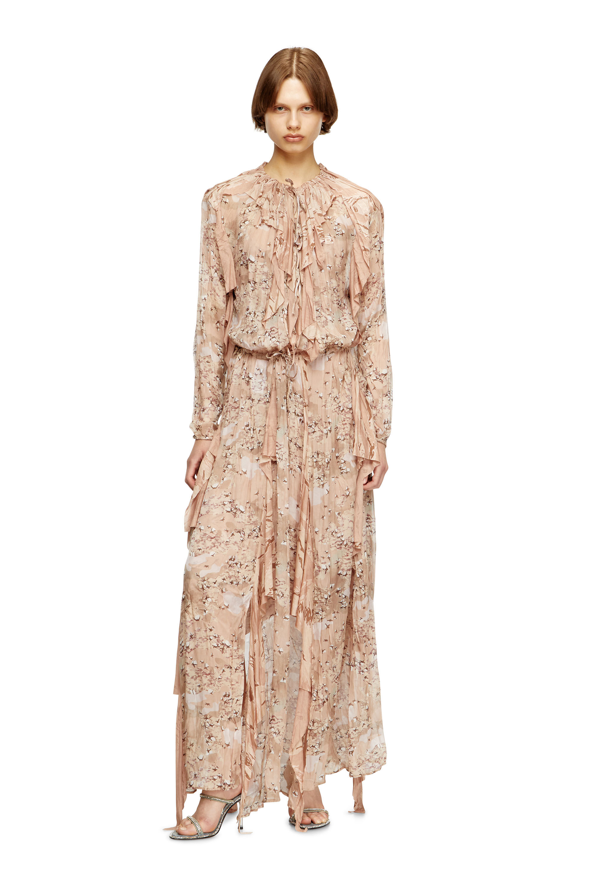 Diesel - D-AZZLING-R1, Maxi robe froufrous en mousseline camouflage Femme in Rose - 3