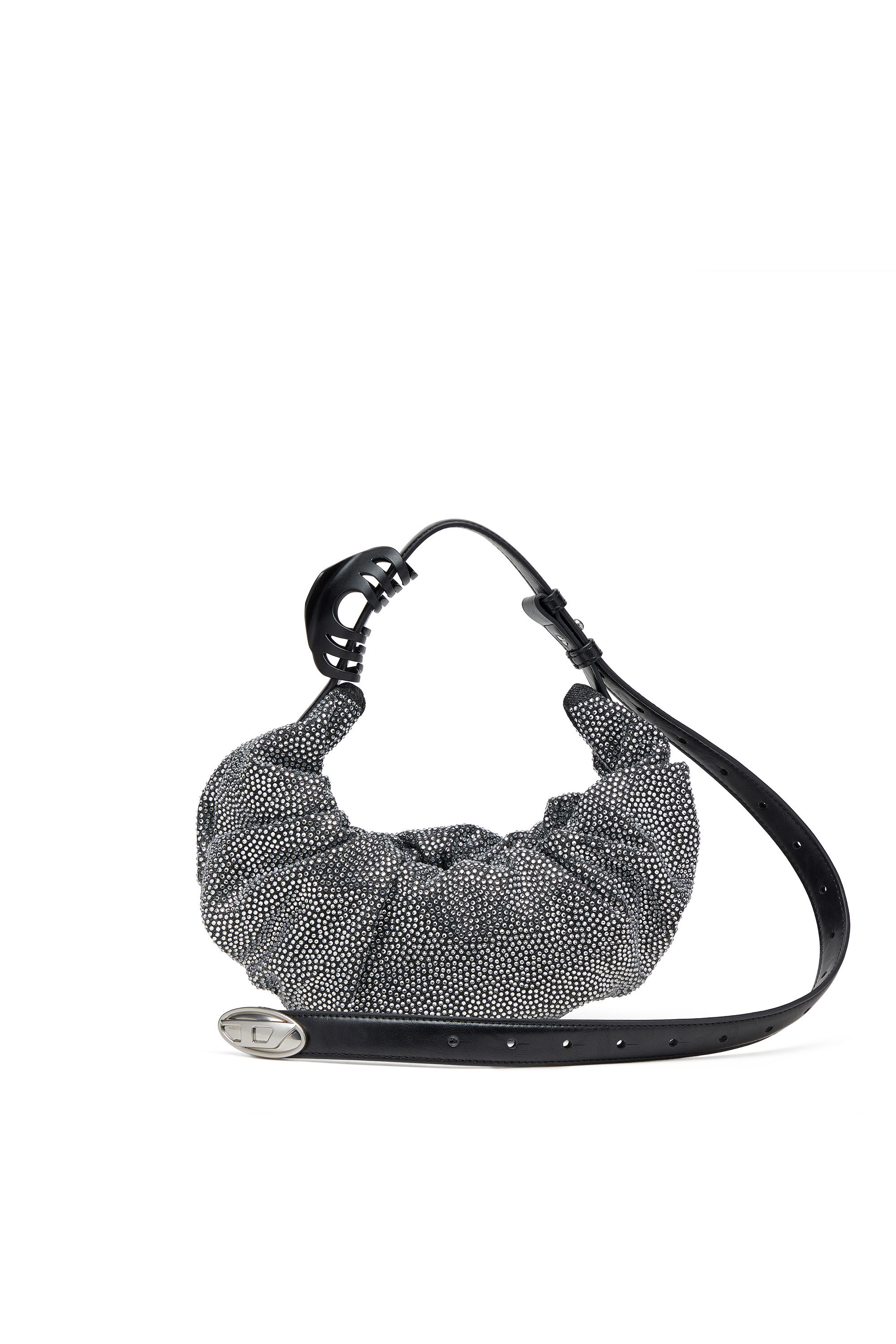 Diesel - GRAB-D HOBO S, Petit sac hobo froissé en denim à cristaux Femme in Noir - 1