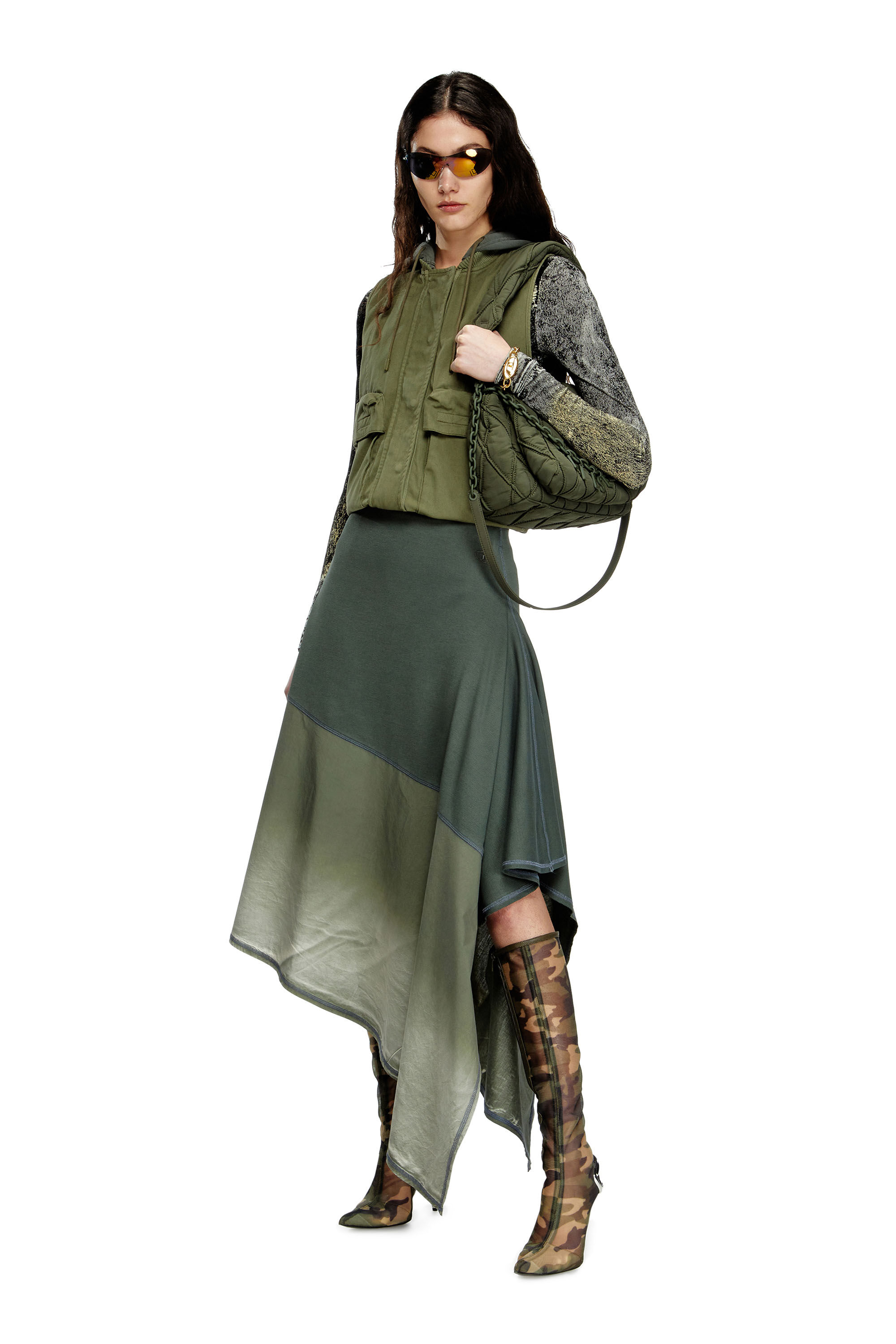 Diesel - O-MARTA, Jupe midi asymétrique épissé Femme in Vert - 1