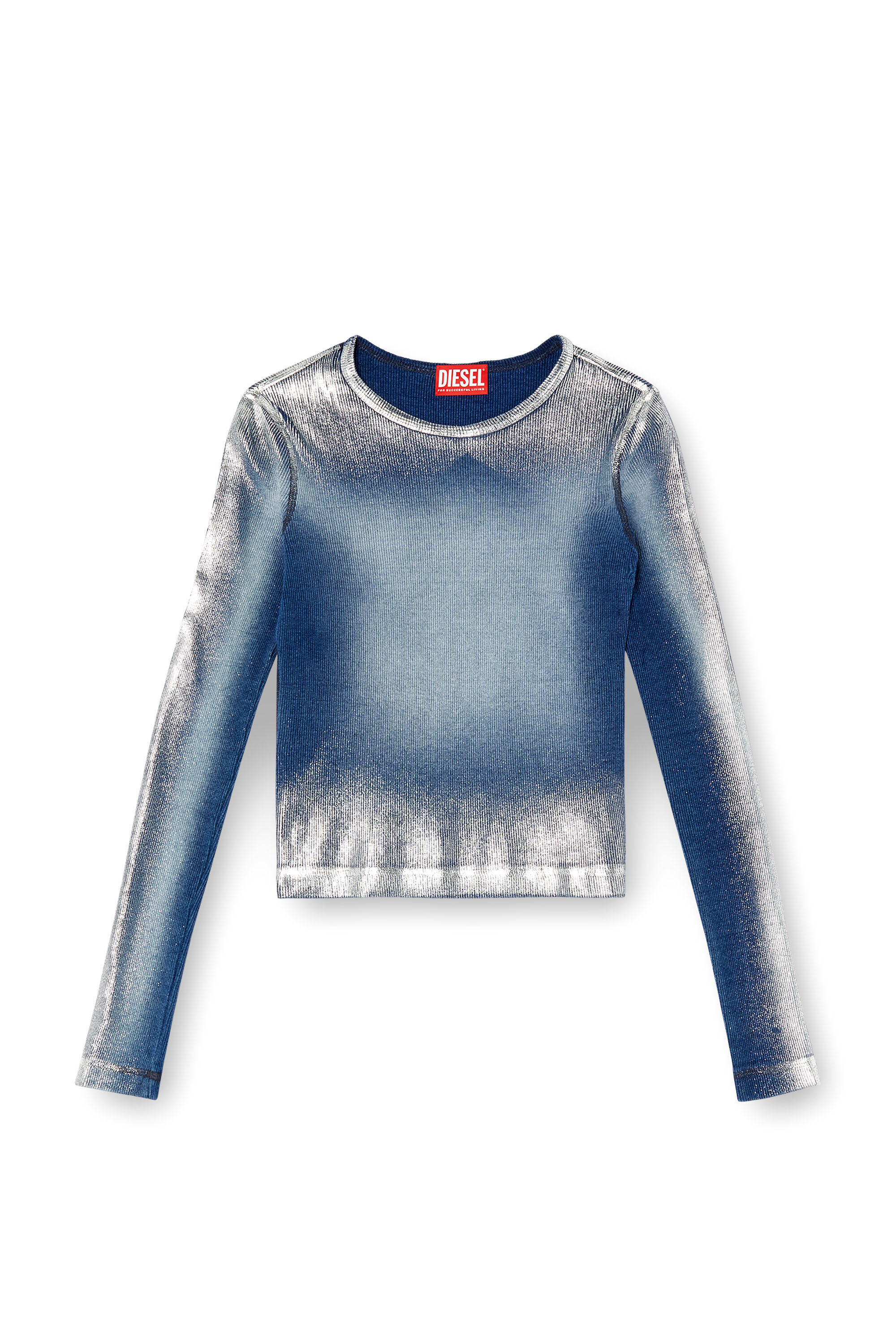 Diesel - T-BANES-NC-Q1, T-shirt métallisé délavé à manches longues Femme in Bleu - 2