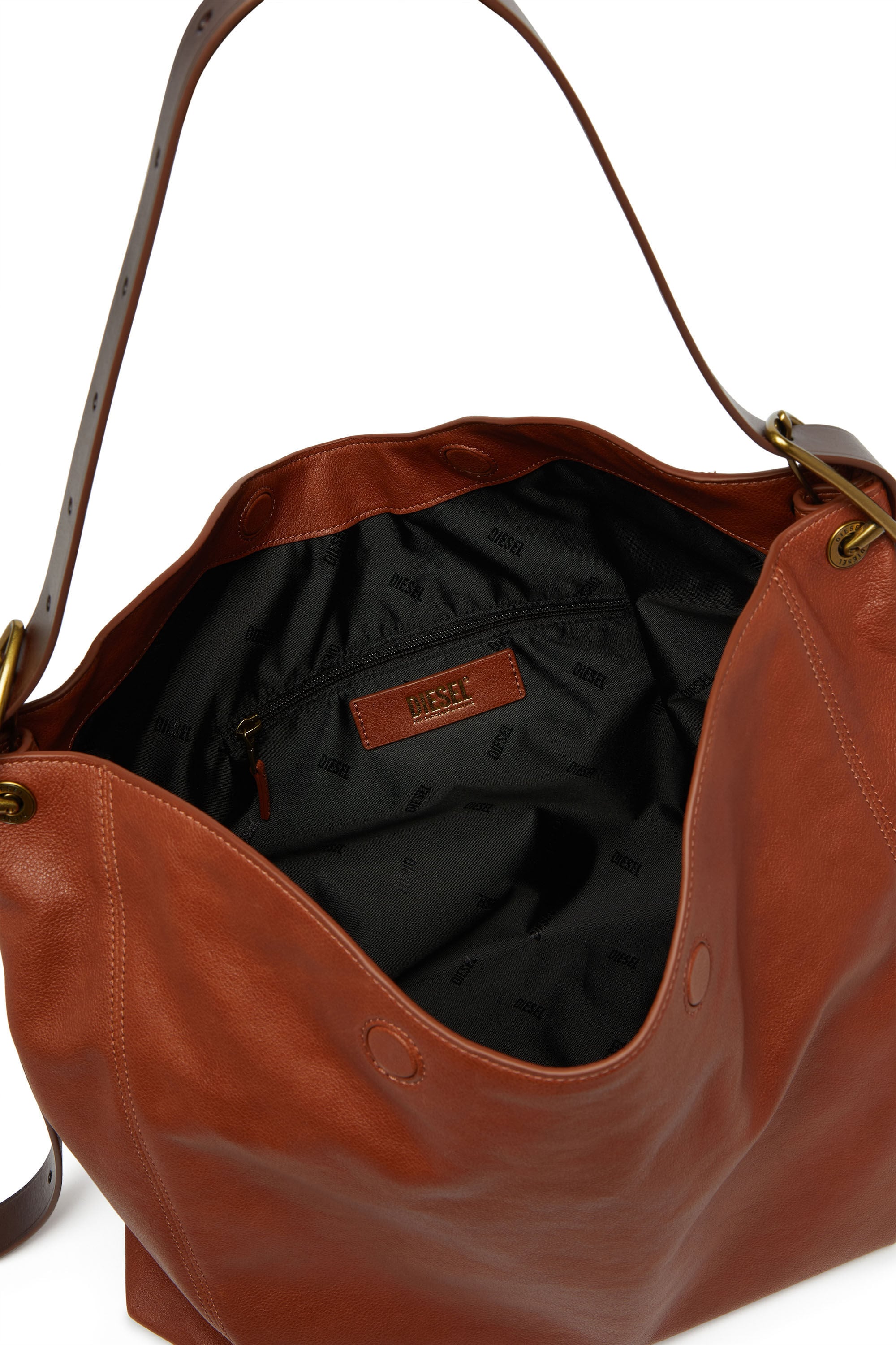 Diesel - D-LINE HOBO L, D-Line-Sac hobo en cuir brillant effet froiss&eacute; Femme in Marron - 3