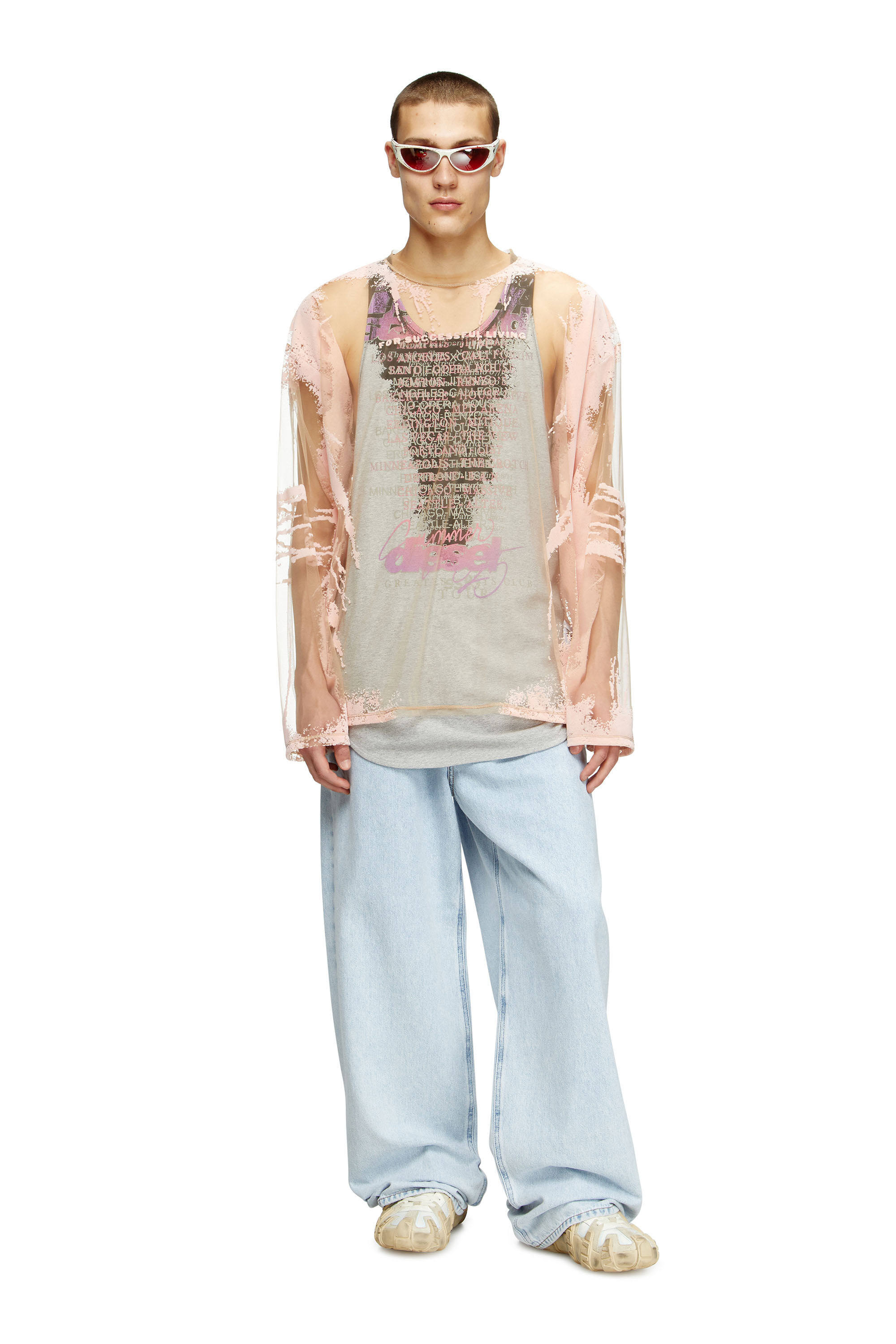 Diesel - T-HASSAN-LS-A, T-shirt en nylon à manches longues avec imprimé paroles Mixte in Rose - 1