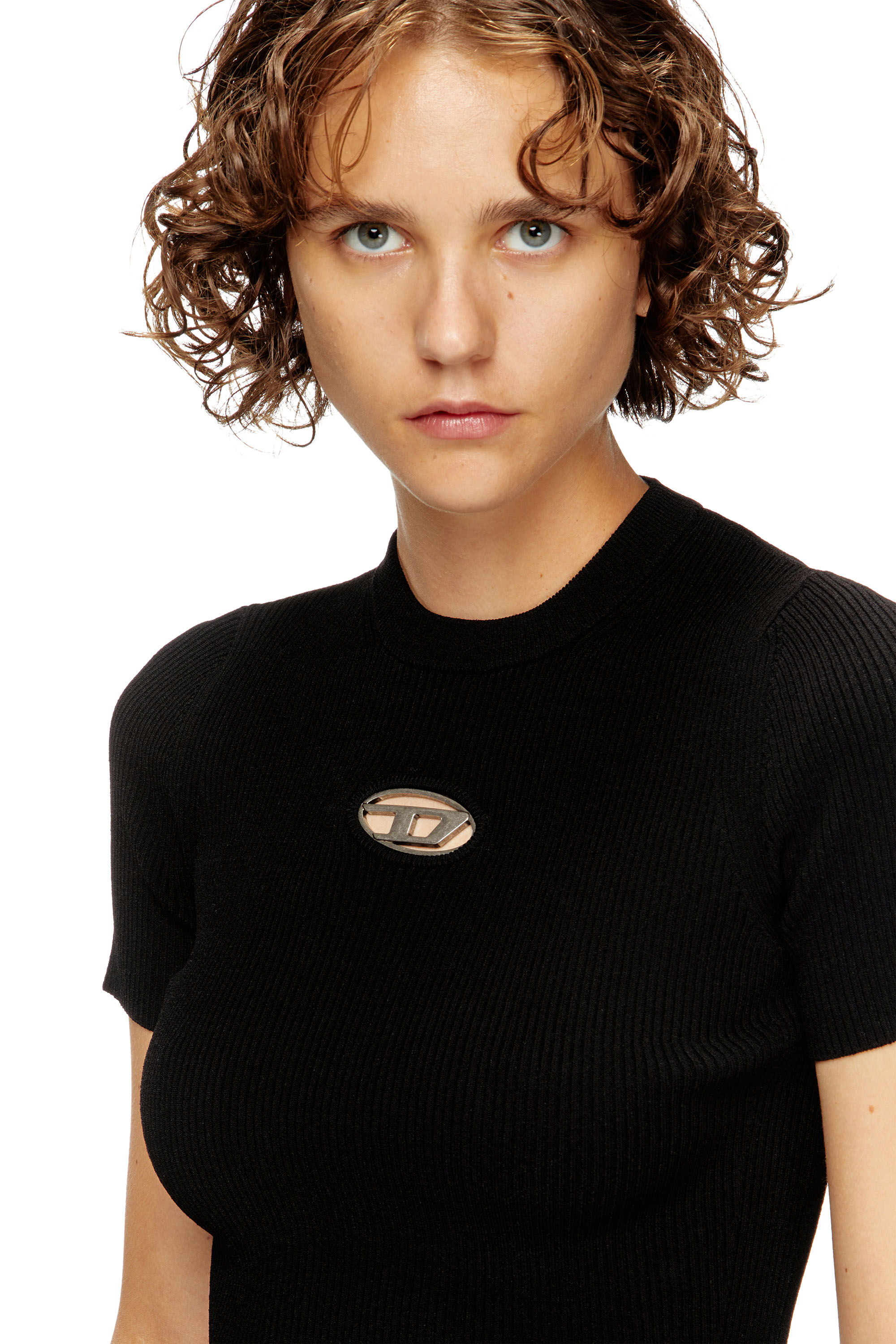 Diesel - M-VALARI-SS, Pull à manches courtes avec Oval D en métal Femme in Noir - 5