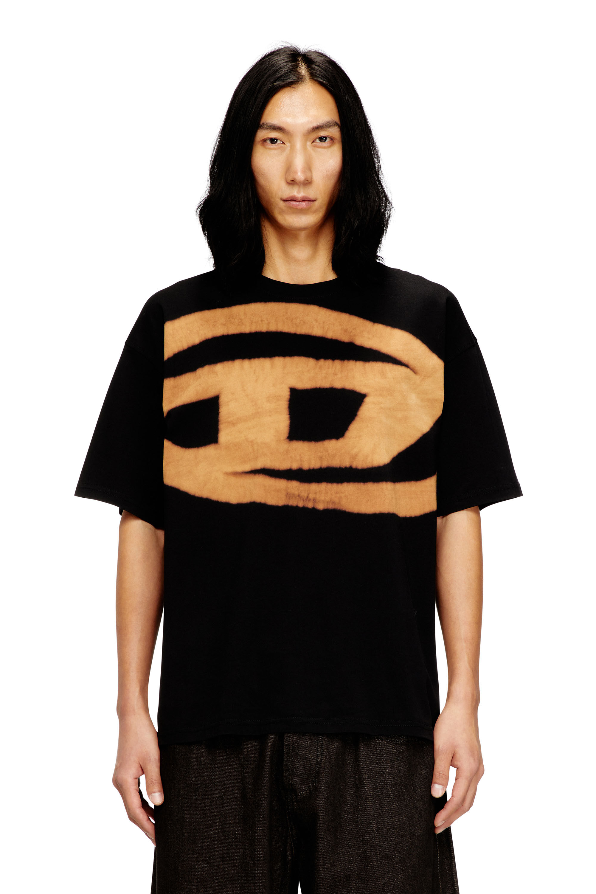 Diesel - T-BOXT-BLEACH, Man's T-shirt with bleached Oval D logo in Orange/Black - 3