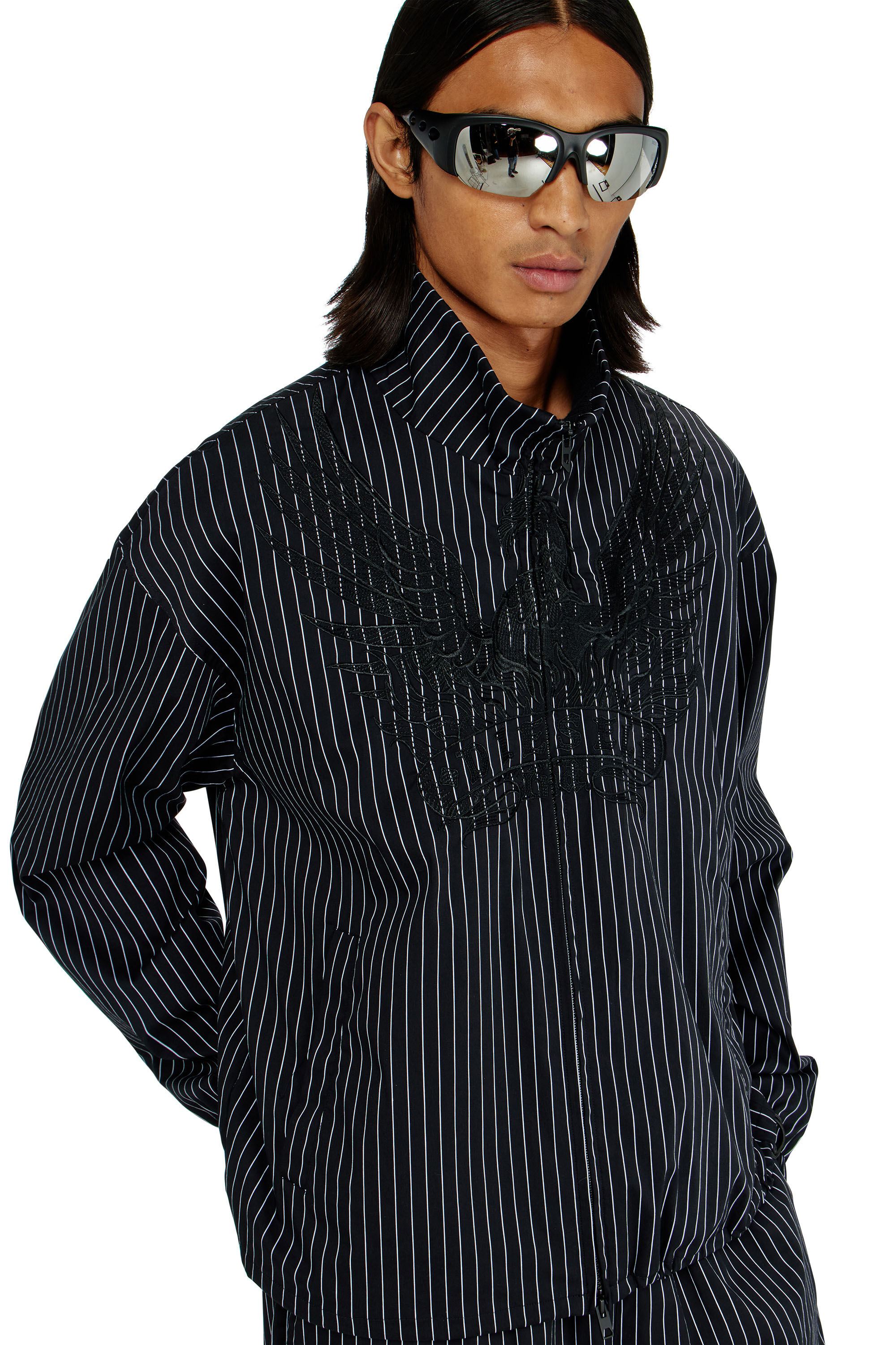 Diesel - J-CORSAR-NJCA, Man's Nylon pinstripe Jacket with Phoenix embroidery in Black - 5