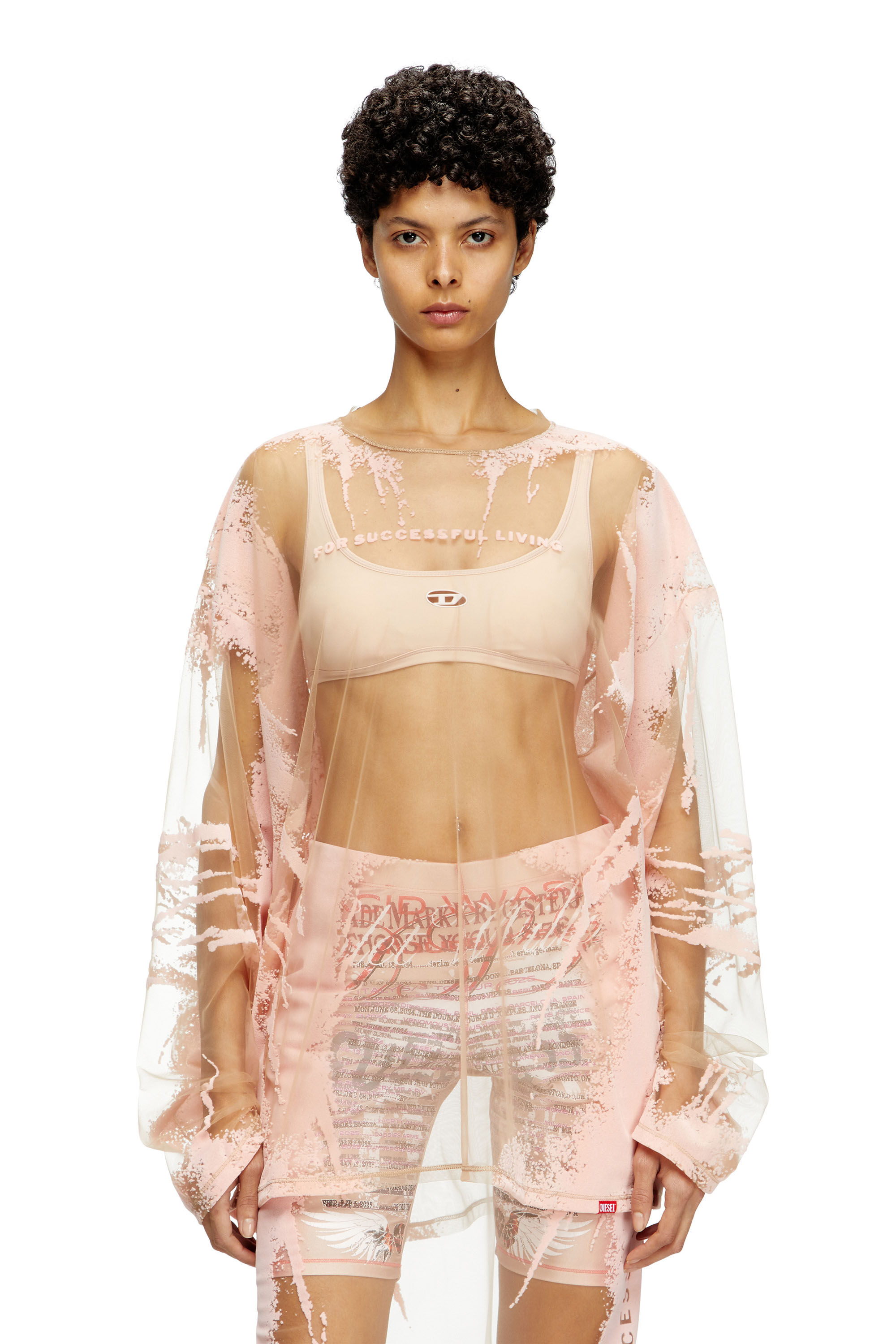 Diesel - T-HASSAN-LS-A, T-shirt en nylon à manches longues avec imprimé paroles Mixte in Rose - 6