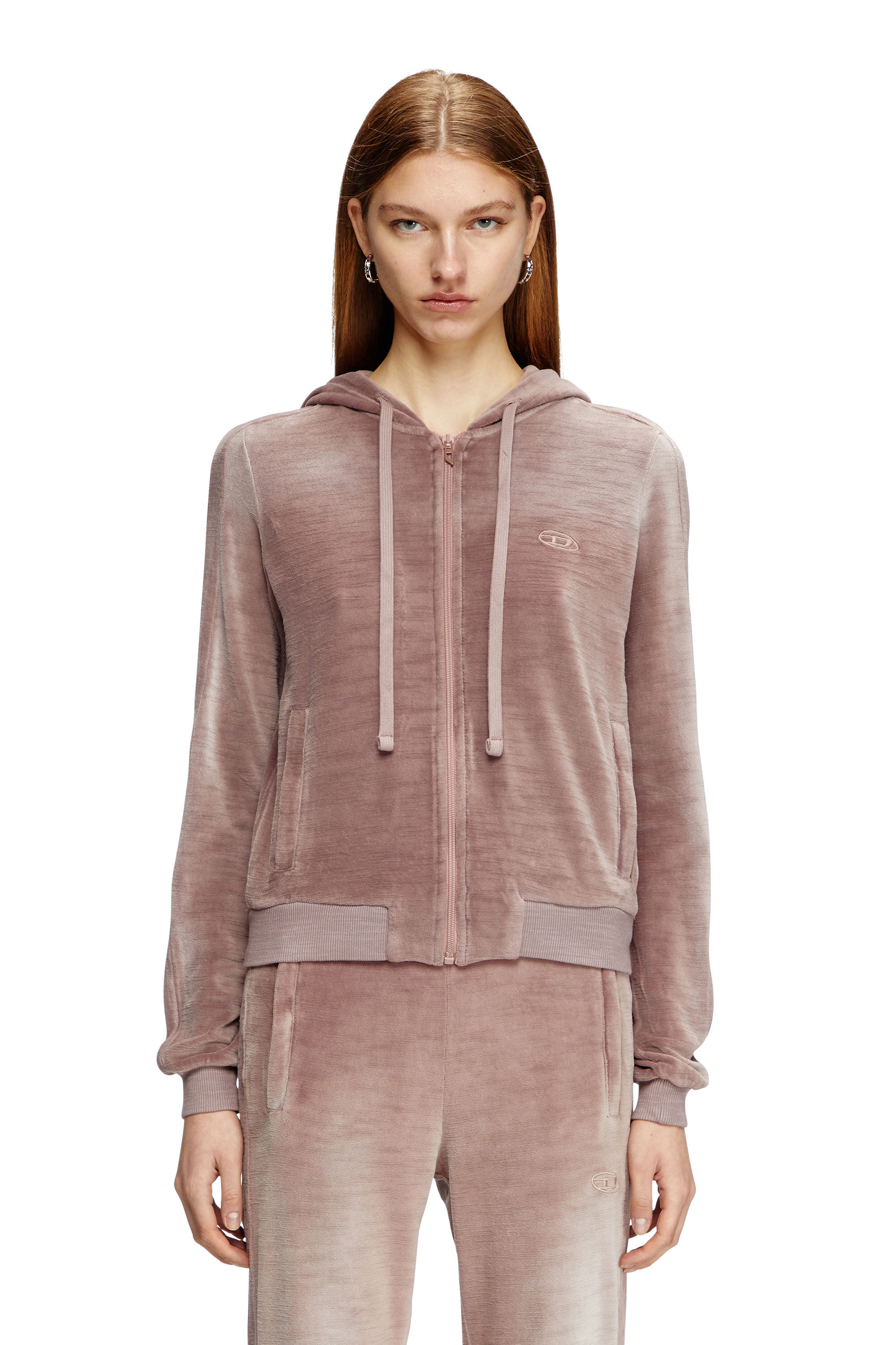 Diesel - F-ELY-Q1, Sweat-shirt à capuche zippé en chenille délavée Femme in Rose - 3