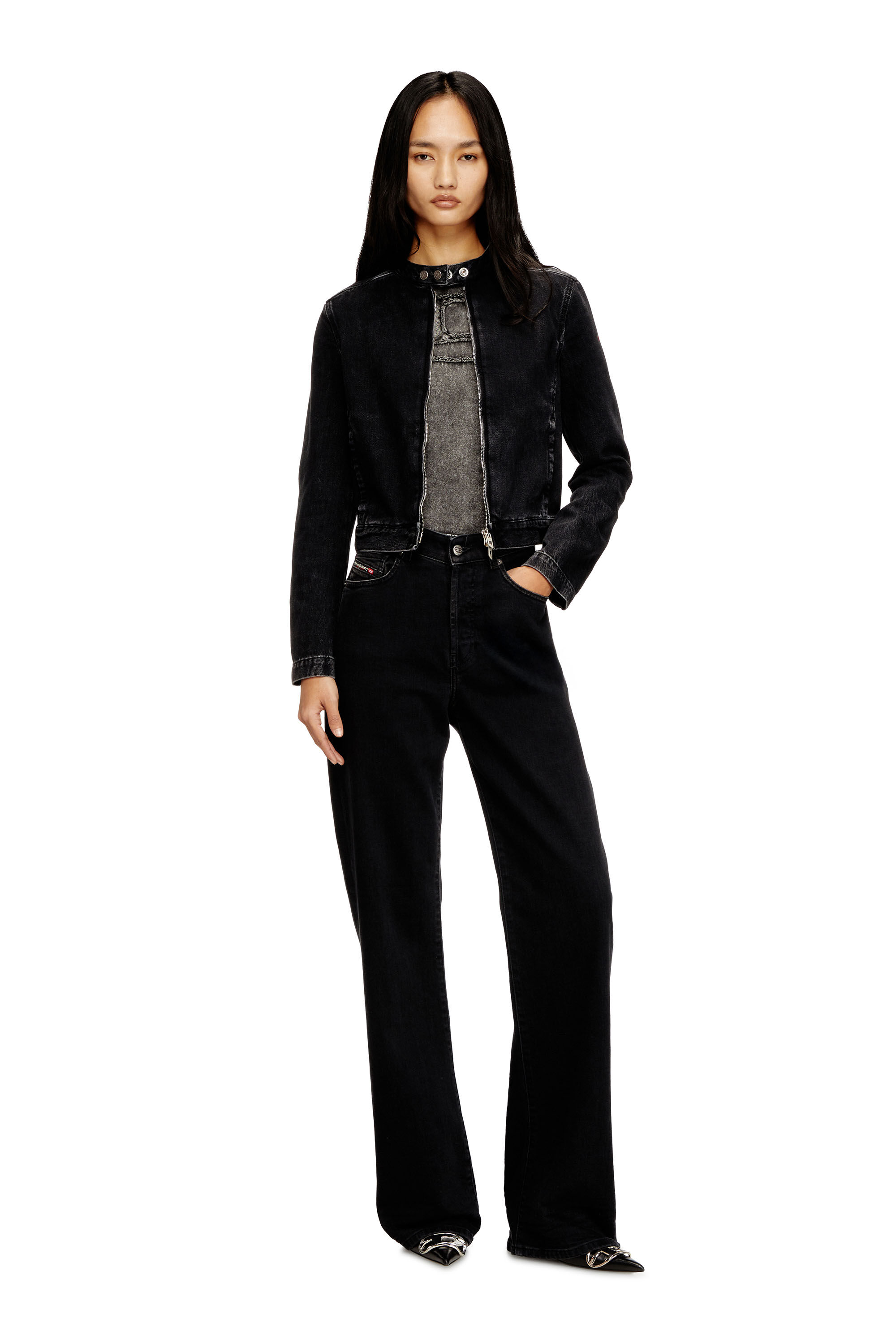 Diesel - DE-MORNIN, Blouson motard en denim en denim &agrave; lavage propre Femme in Noir - 1