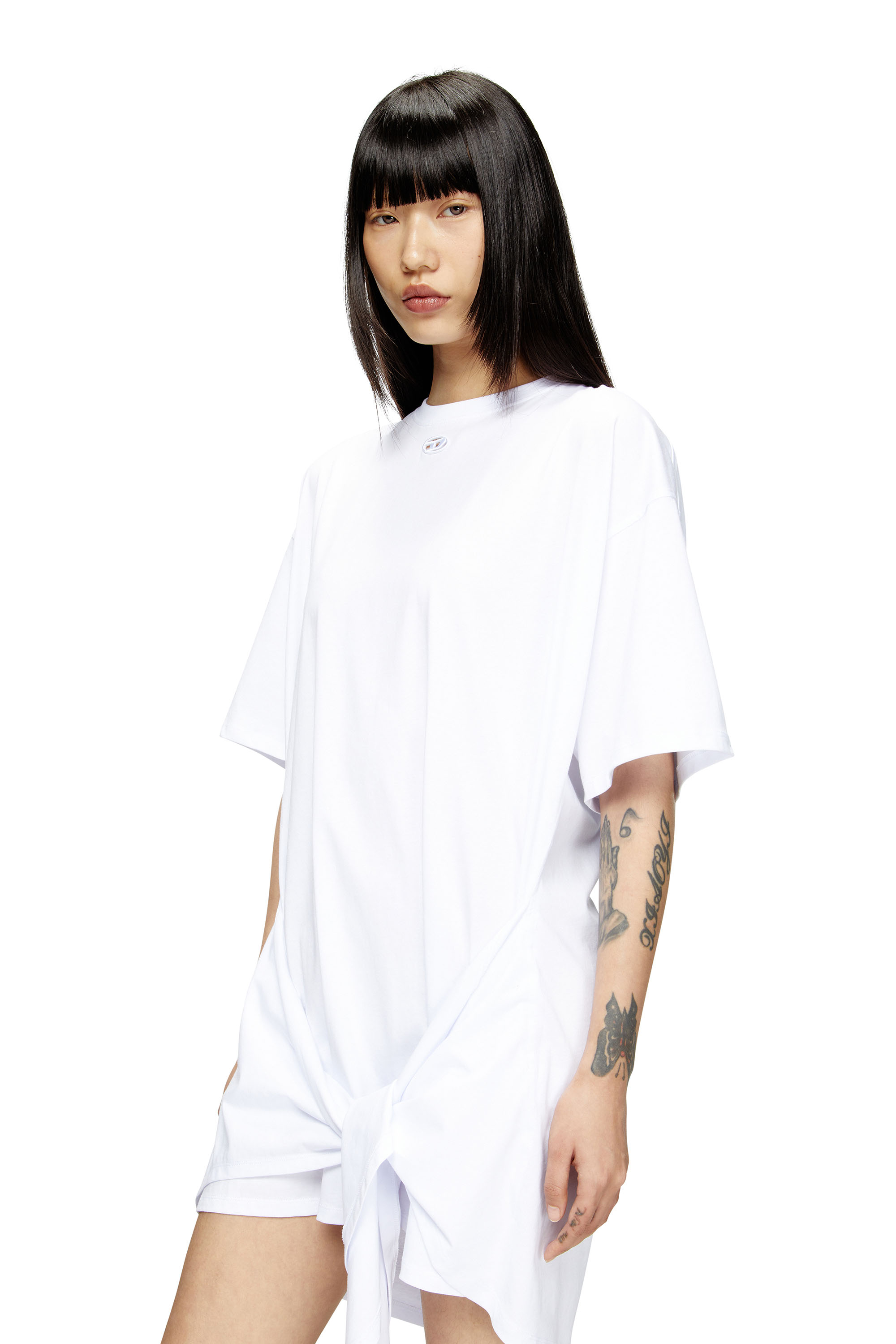 Diesel - D-EIVOR, Robe T-shirt avec n&oelig;ud &agrave; l'avant Femme in Blanc - 4