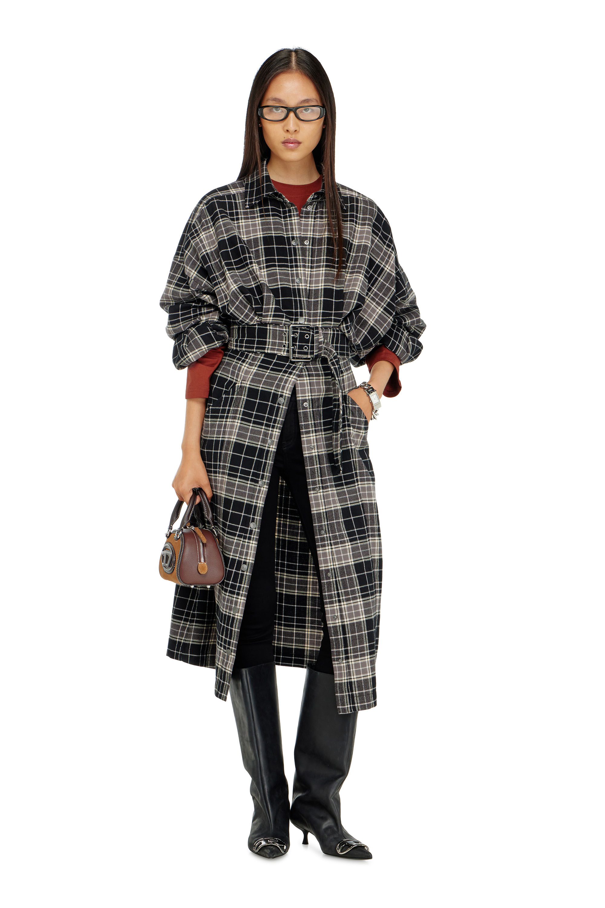 Diesel - D-EDALUS, Robe midi en flanelle &agrave; carreaux avec large ceinture Femme in Polychrome - 2