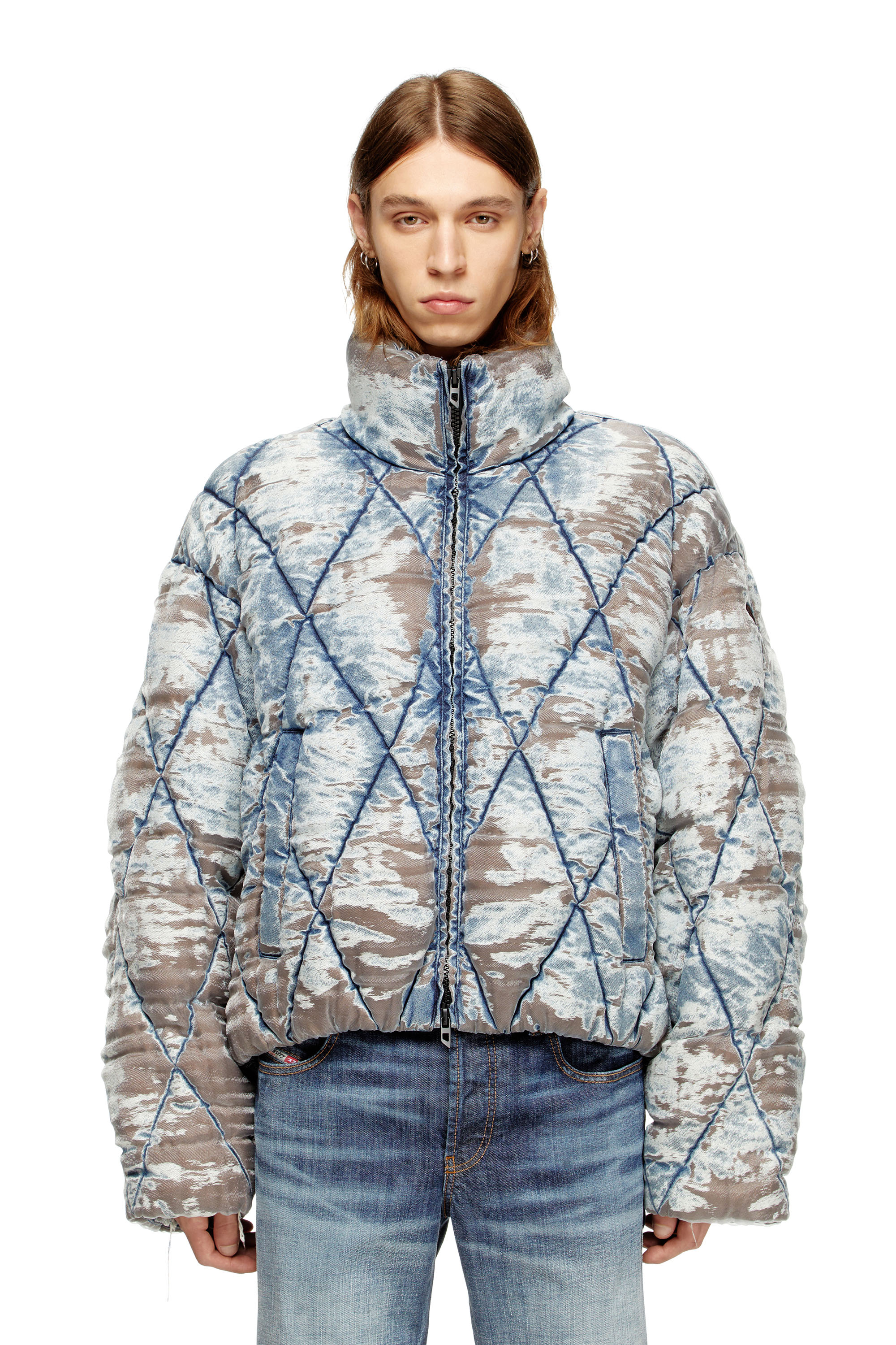 Diesel - W-KONS, Veste matelassée en denim dévoré avec surpiqûres en losanges Homme in ToBeDefined - 1