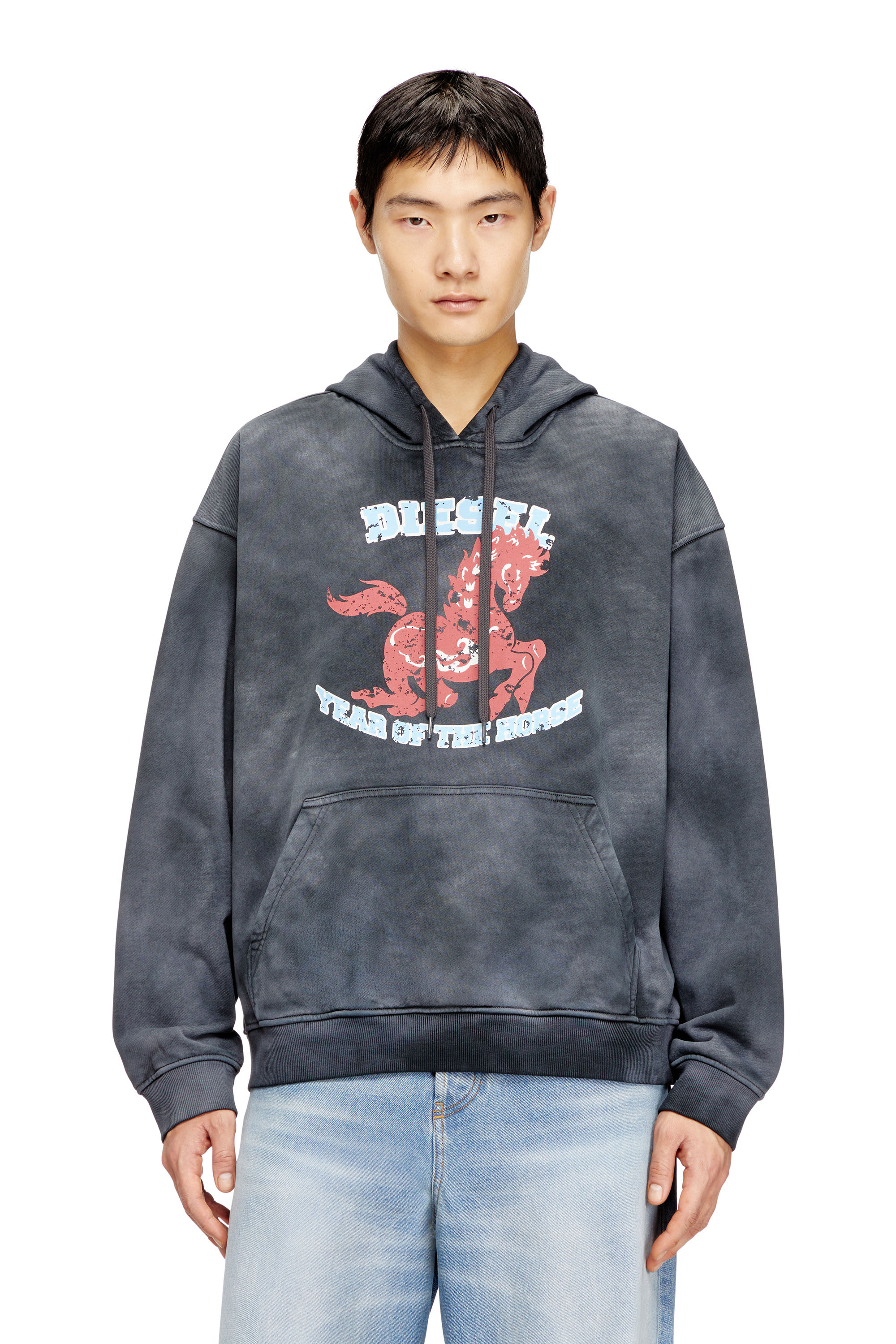 Diesel - CL-S-BOXT-HOOD-HORSE, Sweat &agrave; capuche tie-dye avec imprim&eacute; graphique cheval Homme in Gris - 1