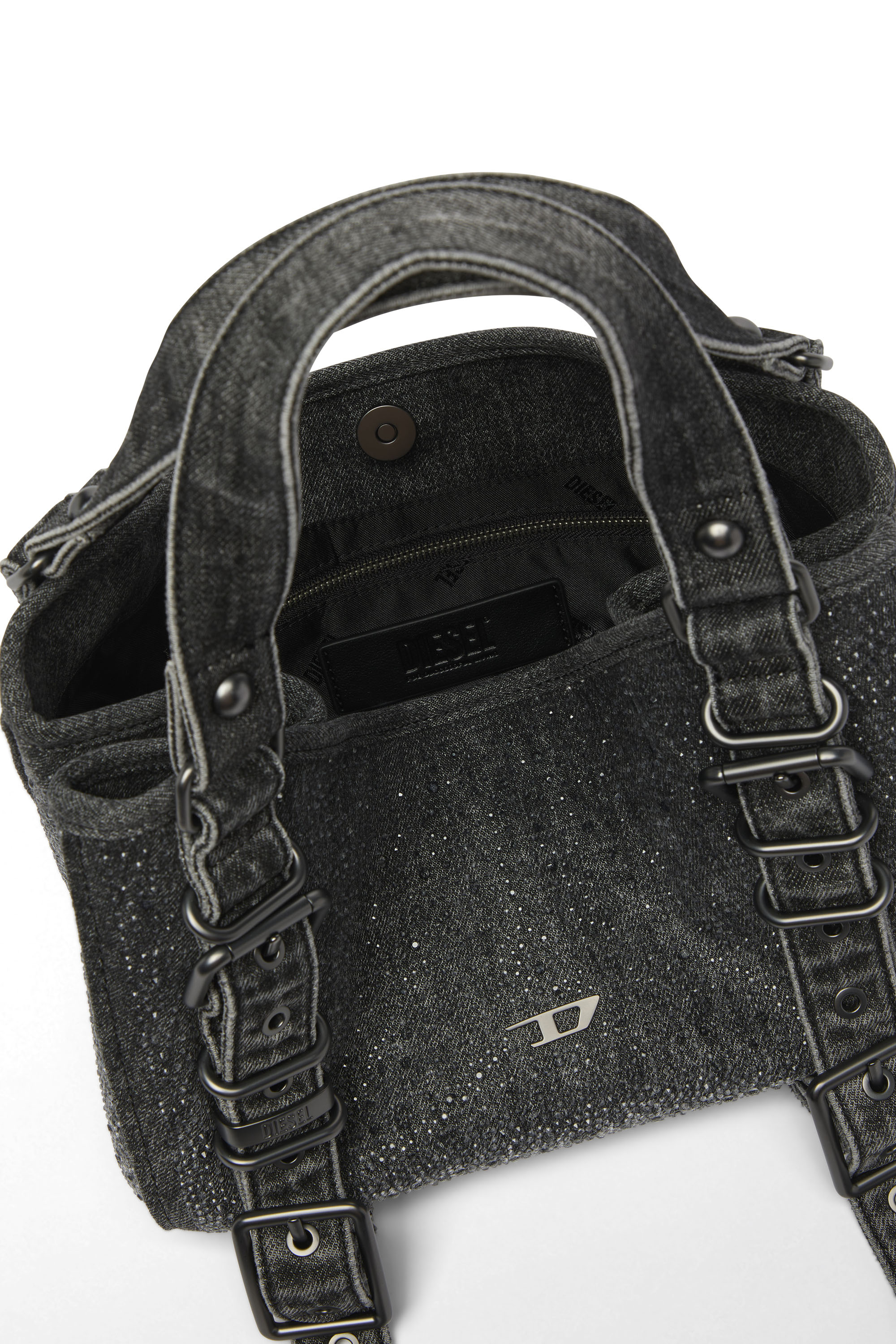 Diesel - D-ONE TOPHANDLE S, D-One-Sac small &agrave; poign&eacute;e sup&eacute;rieure en denim solaris&eacute; orn&eacute; de cristaux Femme in Noir - 3