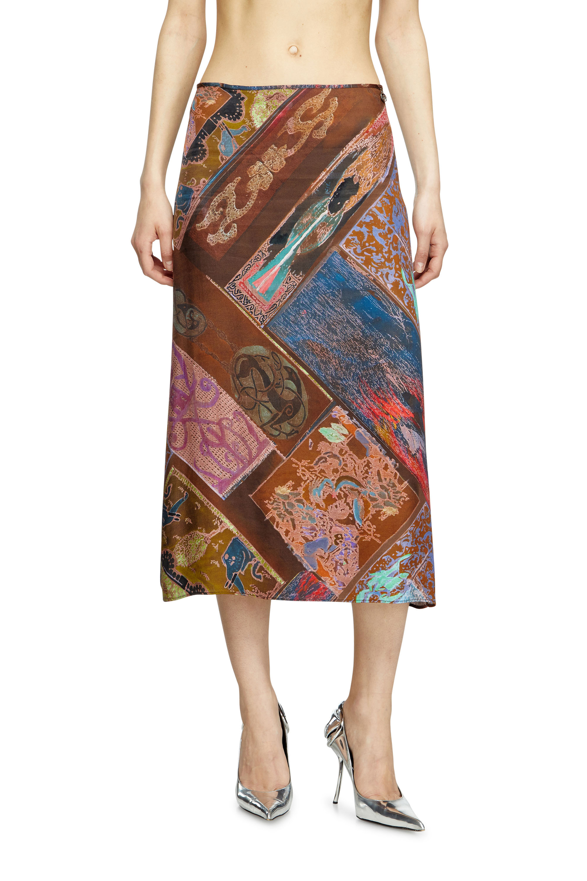 Diesel - O-RCHID, Jupe midi en viscose avec imprimé héraldique Femme in Marron - 1