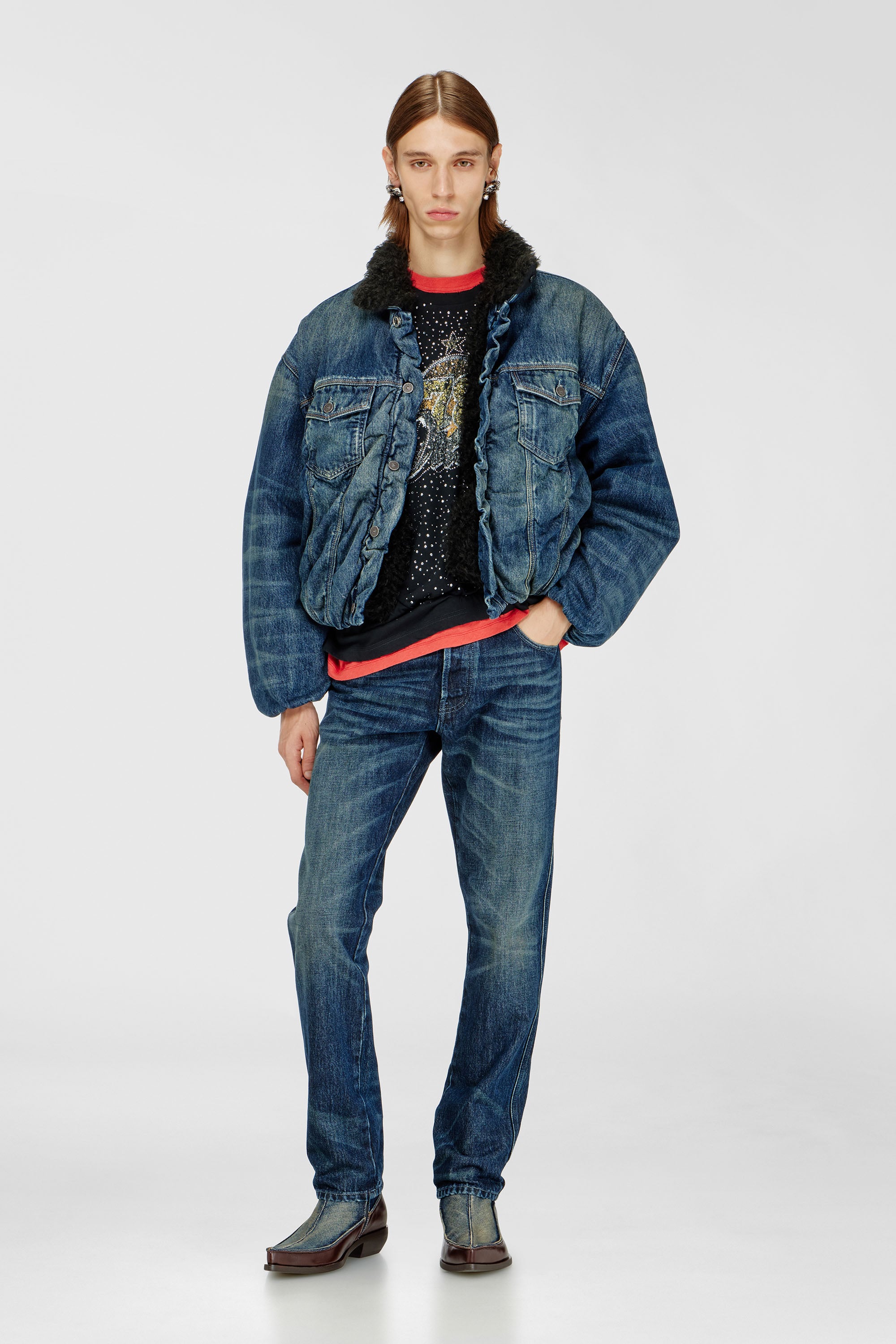 Diesel - D-CURLY-FSJ1, Veste trucker en denim doubl&eacute;e en teddy Mixte in Bleu - 2