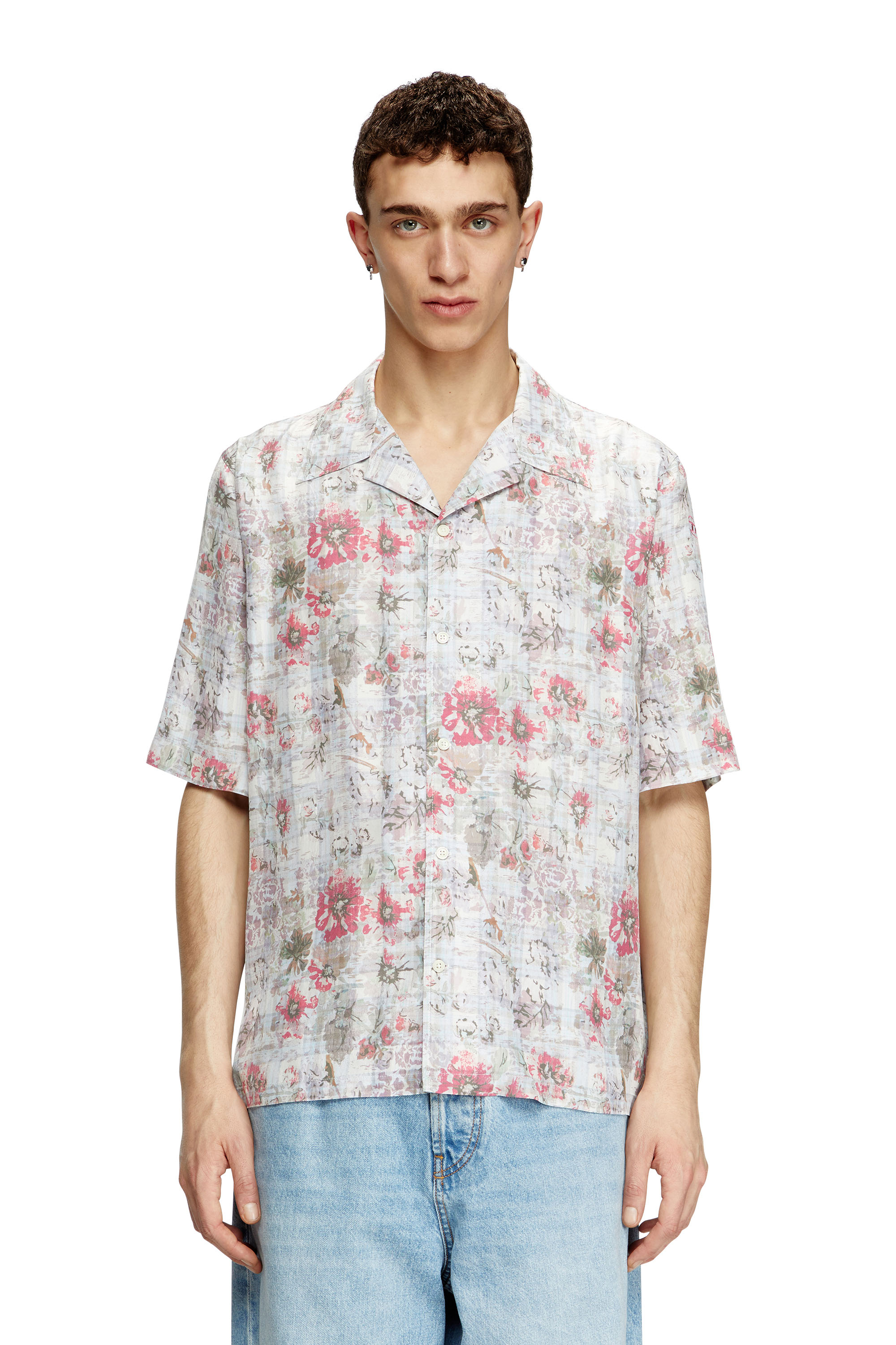 Diesel - S-LEYS, Man's Bowling shirt with floral print in Blue/Pink - 1