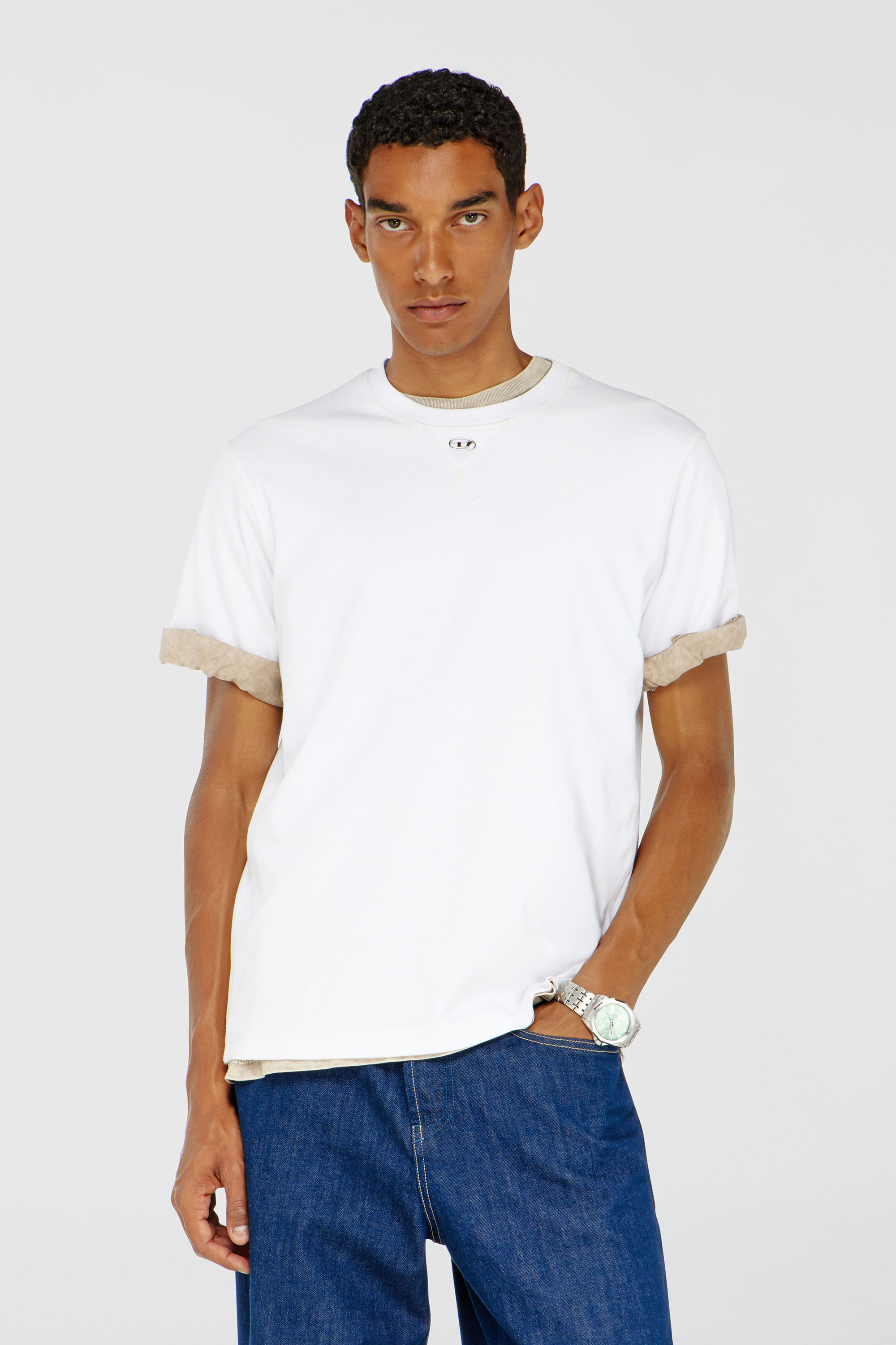 Diesel - T-MADJUST-TR, T-shirt r&eacute;guli&egrave;re avec col rond et Oval D Homme in Blanc - 3