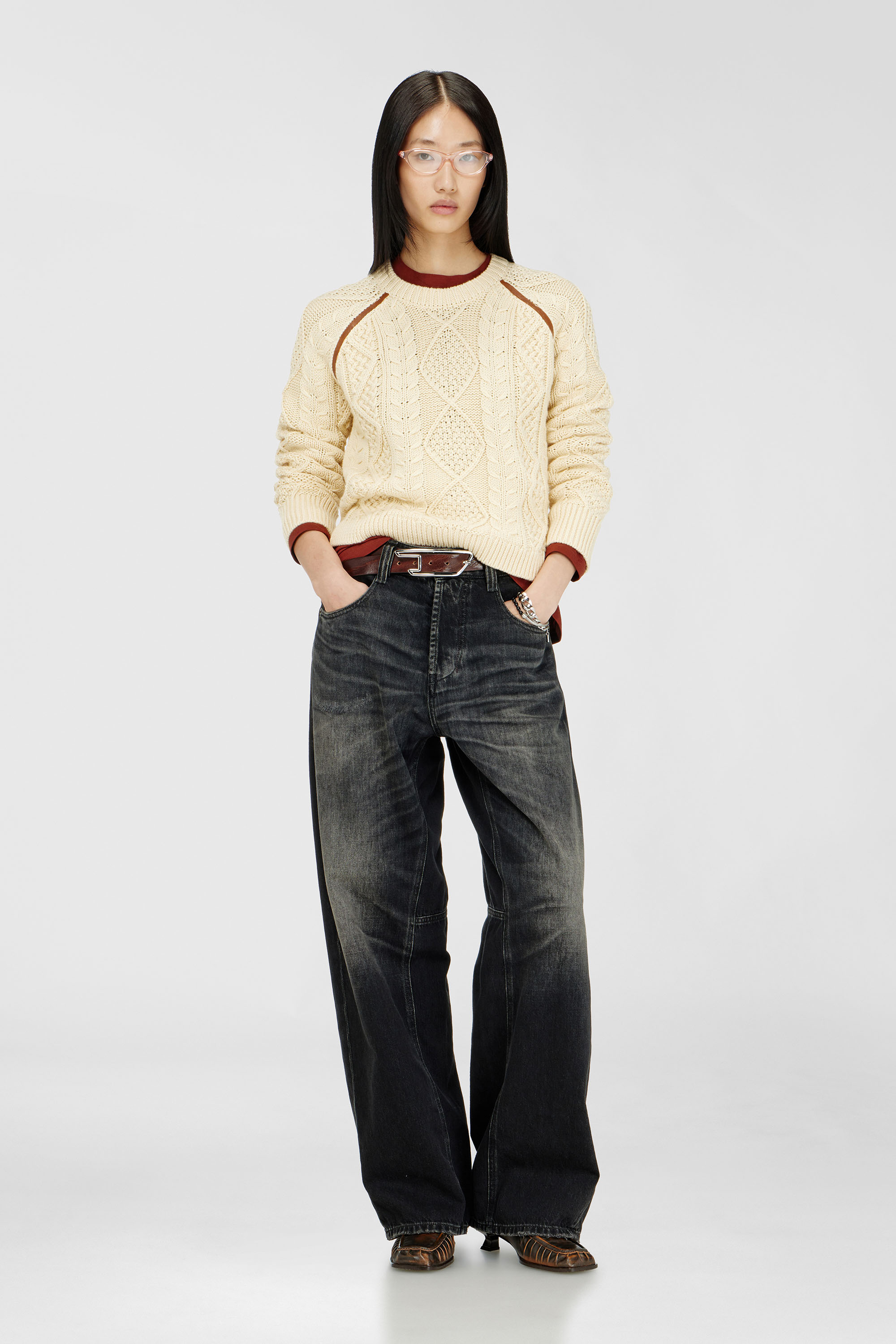 Diesel - M-INTANA, Pull en maille torsad&eacute;e avec bandes contrastantes Femme in Beige - 2