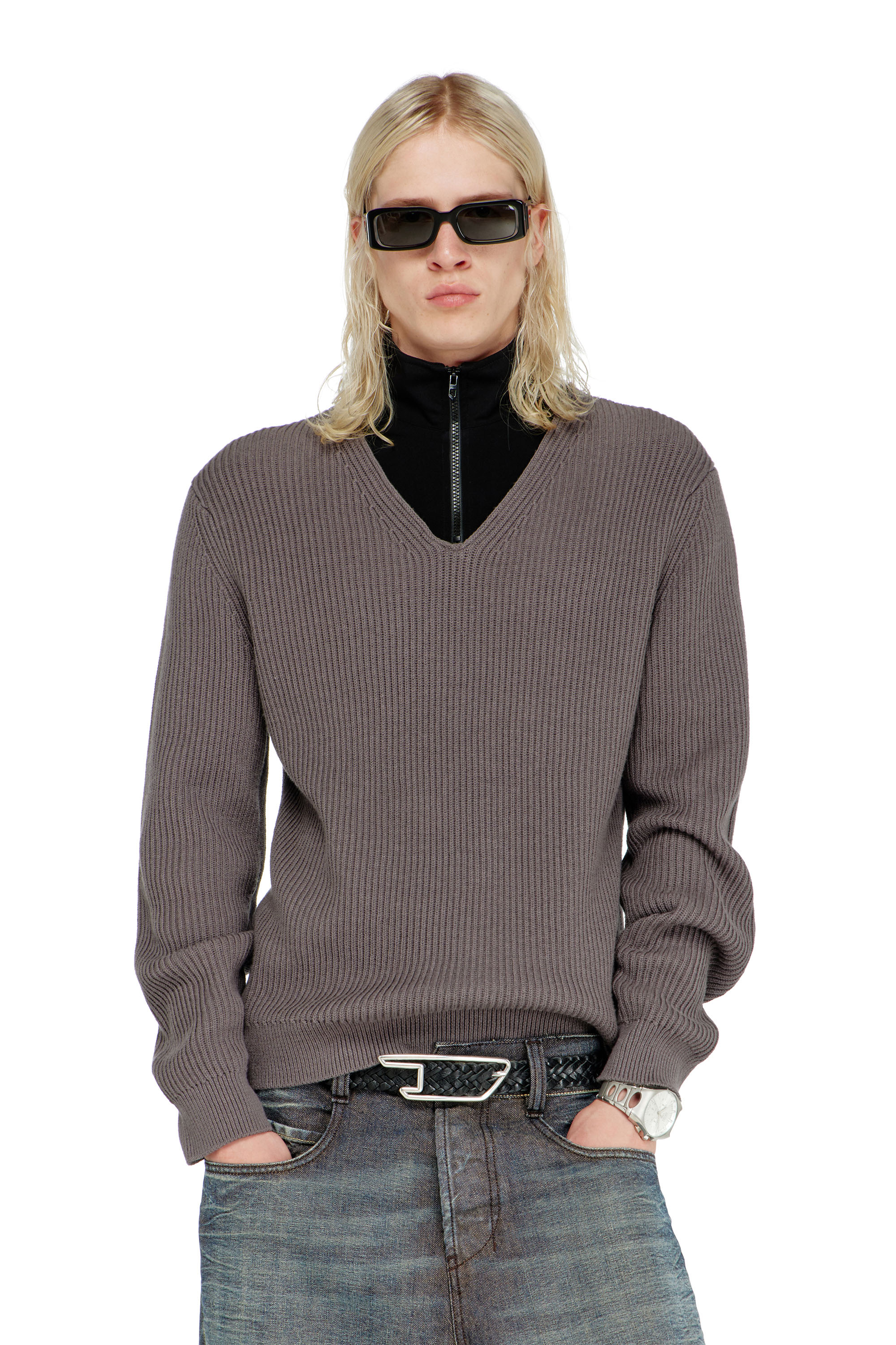 Diesel - K-MAMU, Man's Half-zip sweater with layered neckline in Black/Grey - 1