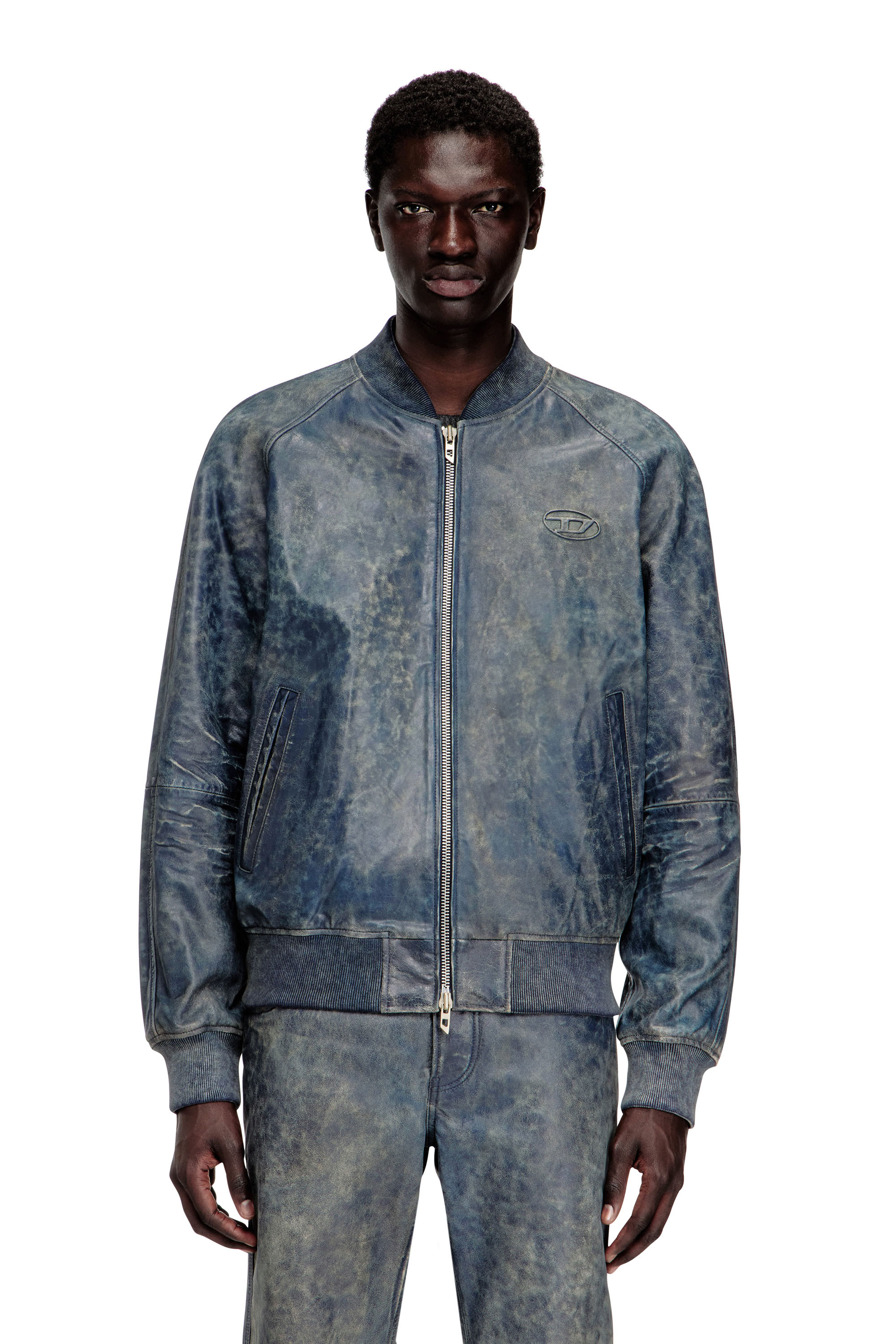 Diesel - L-COBB, Blouson aviateur en cuir trait&eacute; Homme in Bleu - 1