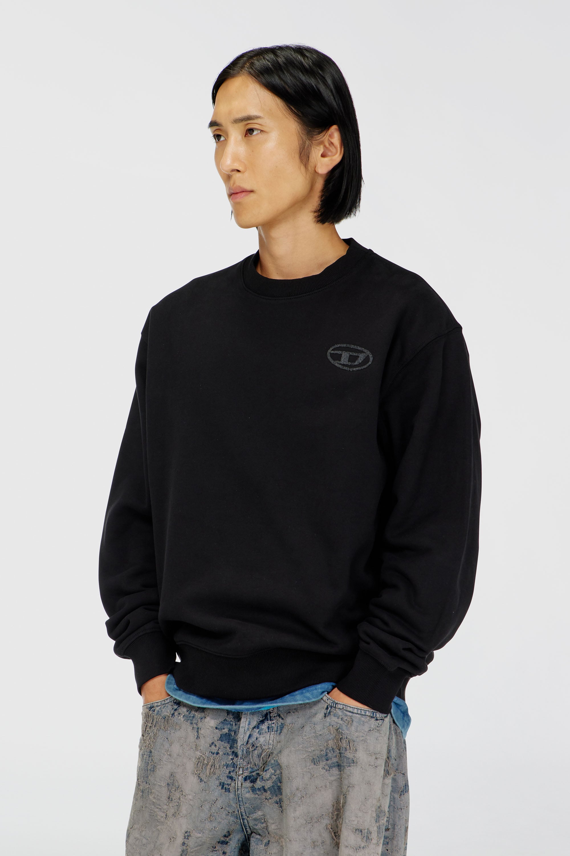 Diesel - S-LUK-R-T92, Man's Cotton sweater with tonal Oval D logo embroidery in Black - 1