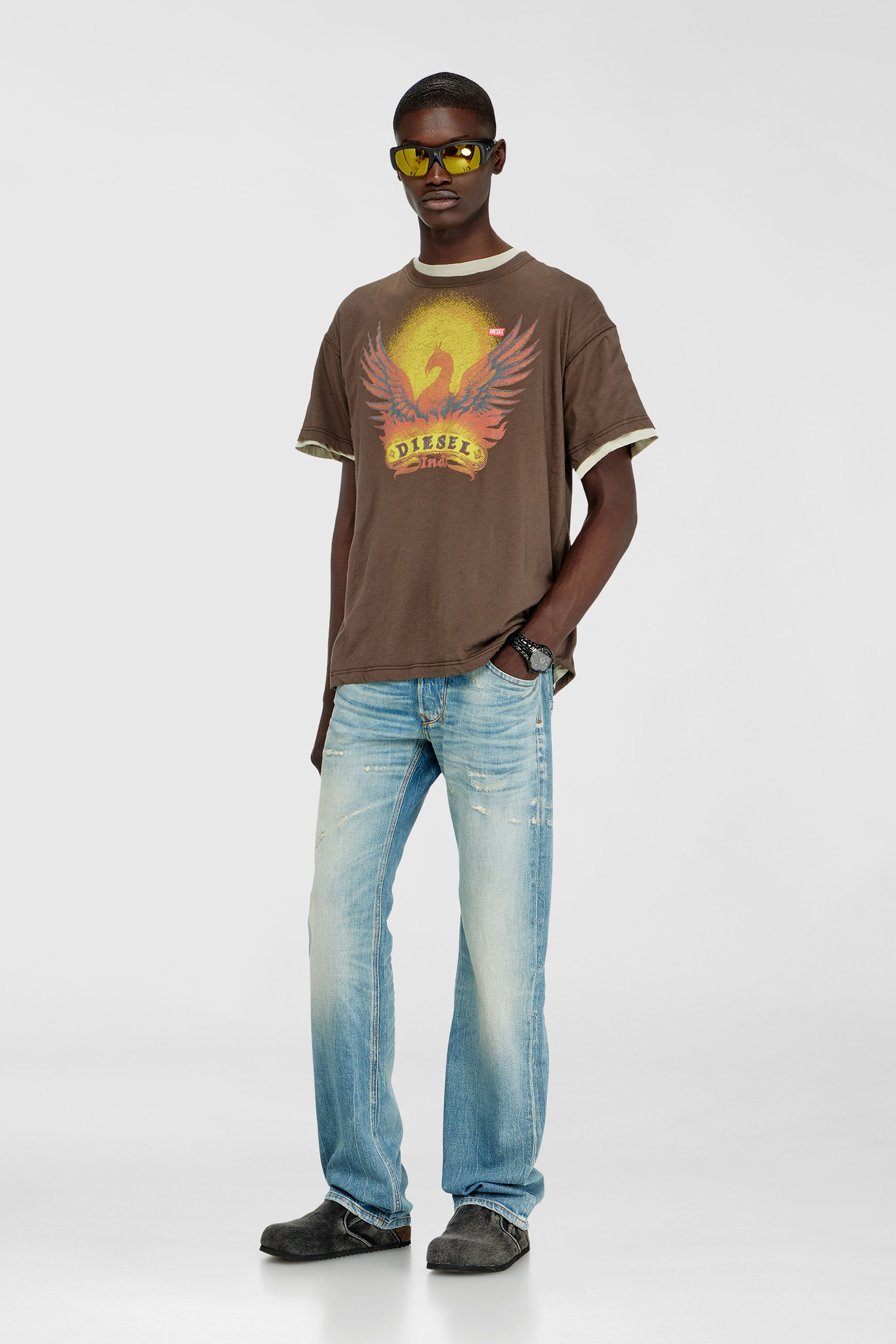 Diesel - T-NORM-AA1, T-shirt droite avec imprim&eacute; Ph&eacute;nix Homme in Marron - 1
