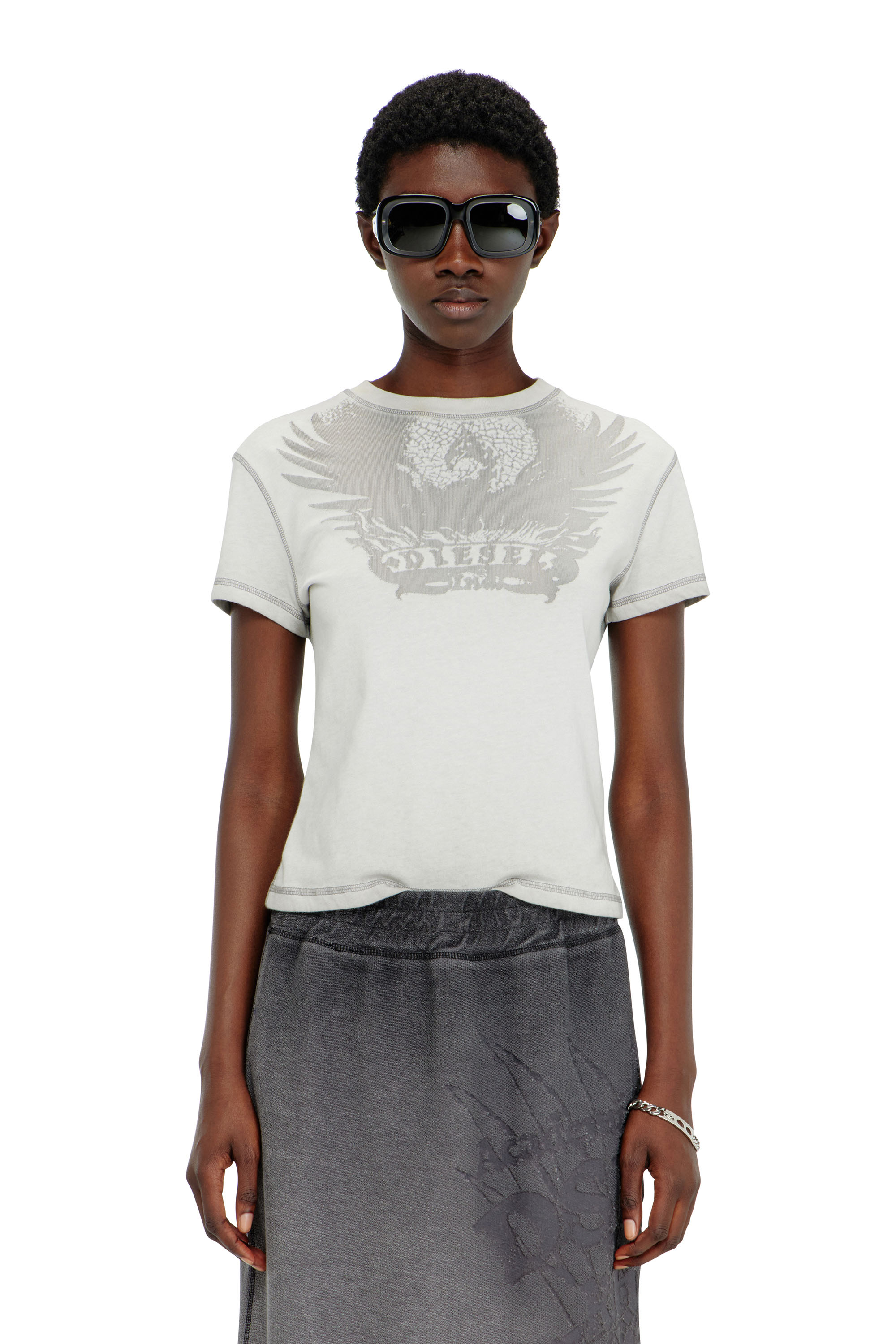 Diesel - O-BEAUTY, Jupe midi en molleton avec imprim&eacute; d&eacute;vor&eacute; Femme in Gris - 3
