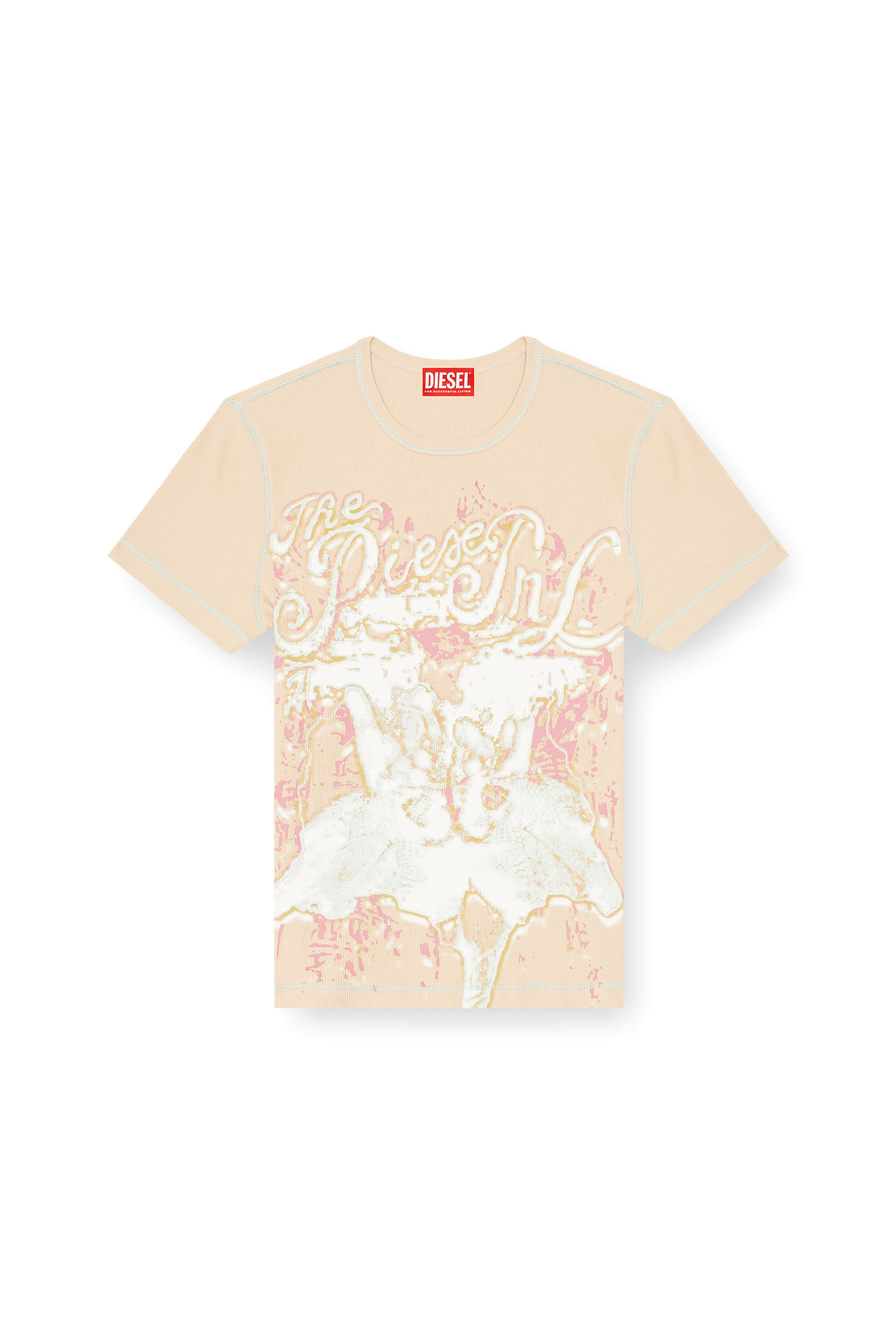 Diesel - T-BRENDA, Haut imprim&eacute; animalier en jersey c&ocirc;tel&eacute; stretch Femme in Rose - 3