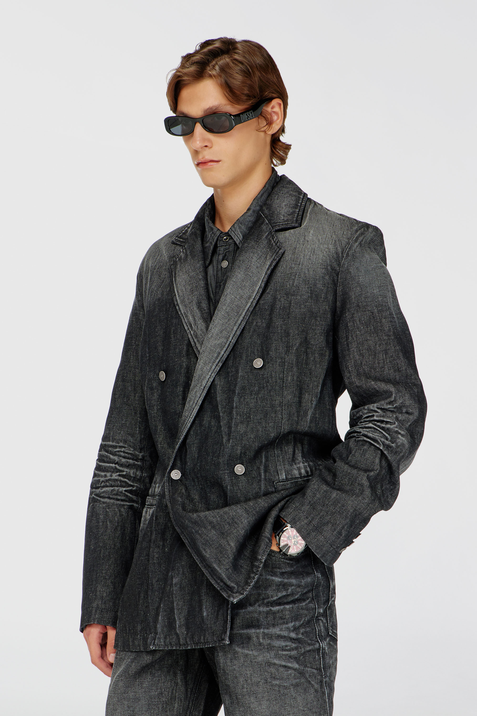 Diesel - D-KOT-FSJ, Man's Double-breasted blazer in creased denim in Black/Dark grey - 1