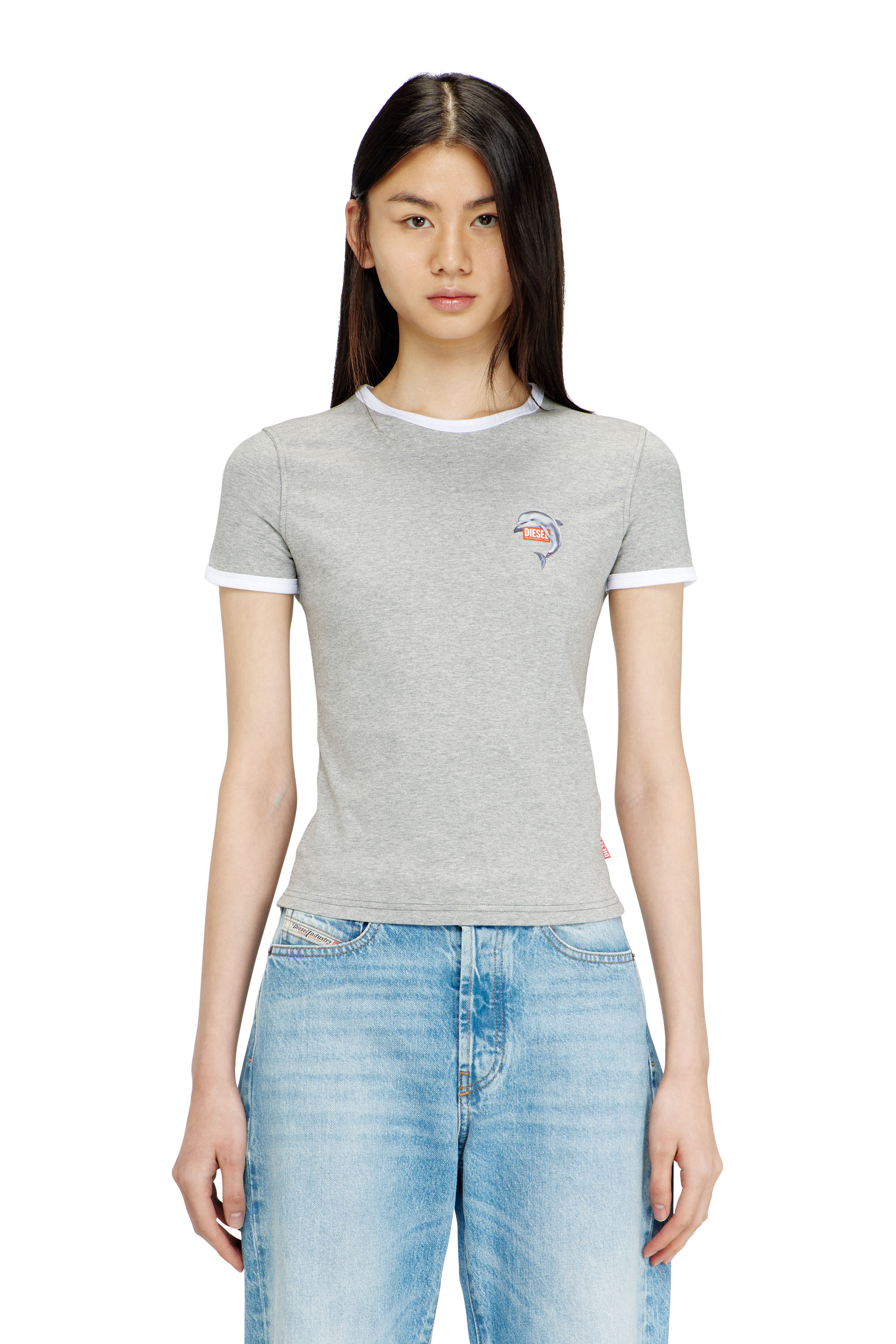 Diesel - T-UNCUTIES-LONG-S13, T-shirt ajust&eacute;e &agrave; imprim&eacute; dauphin Femme in Gris - 1