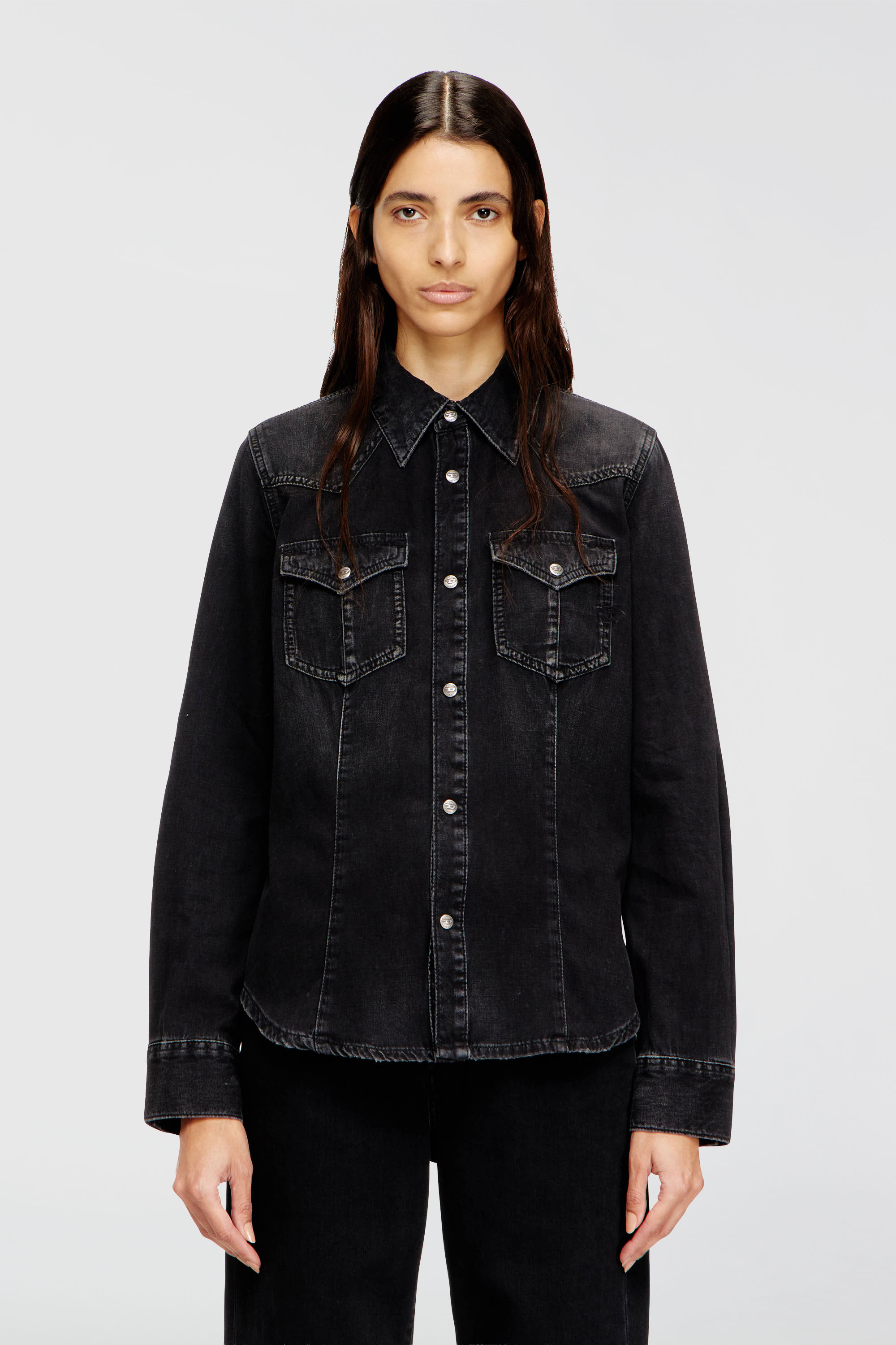 Diesel - DE-WAVES, Chemise western en denim trait&eacute; Femme in Noir - 1