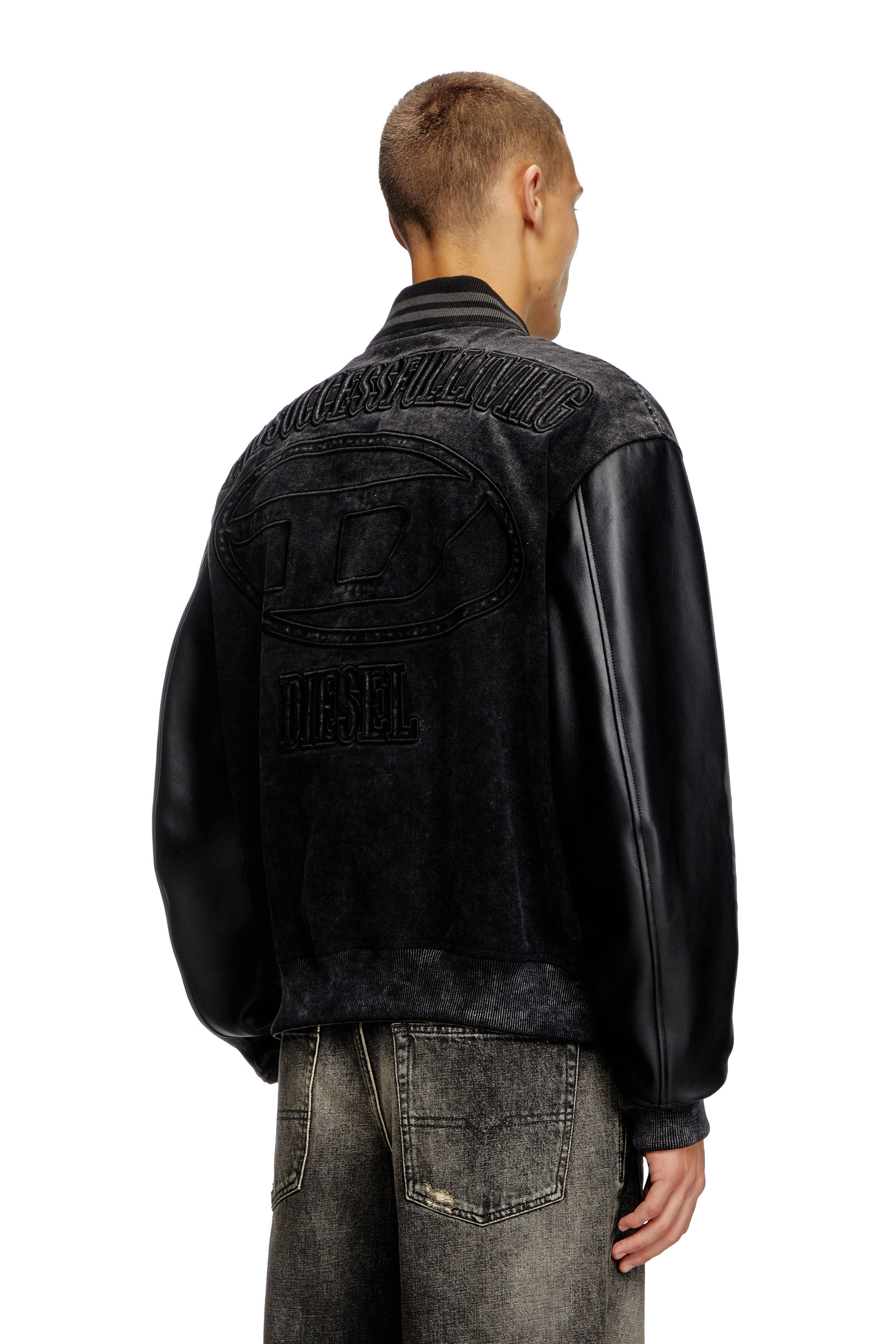 Diesel - L-NYN, Veste bomber en denim et cuir Homme in Noir - 1