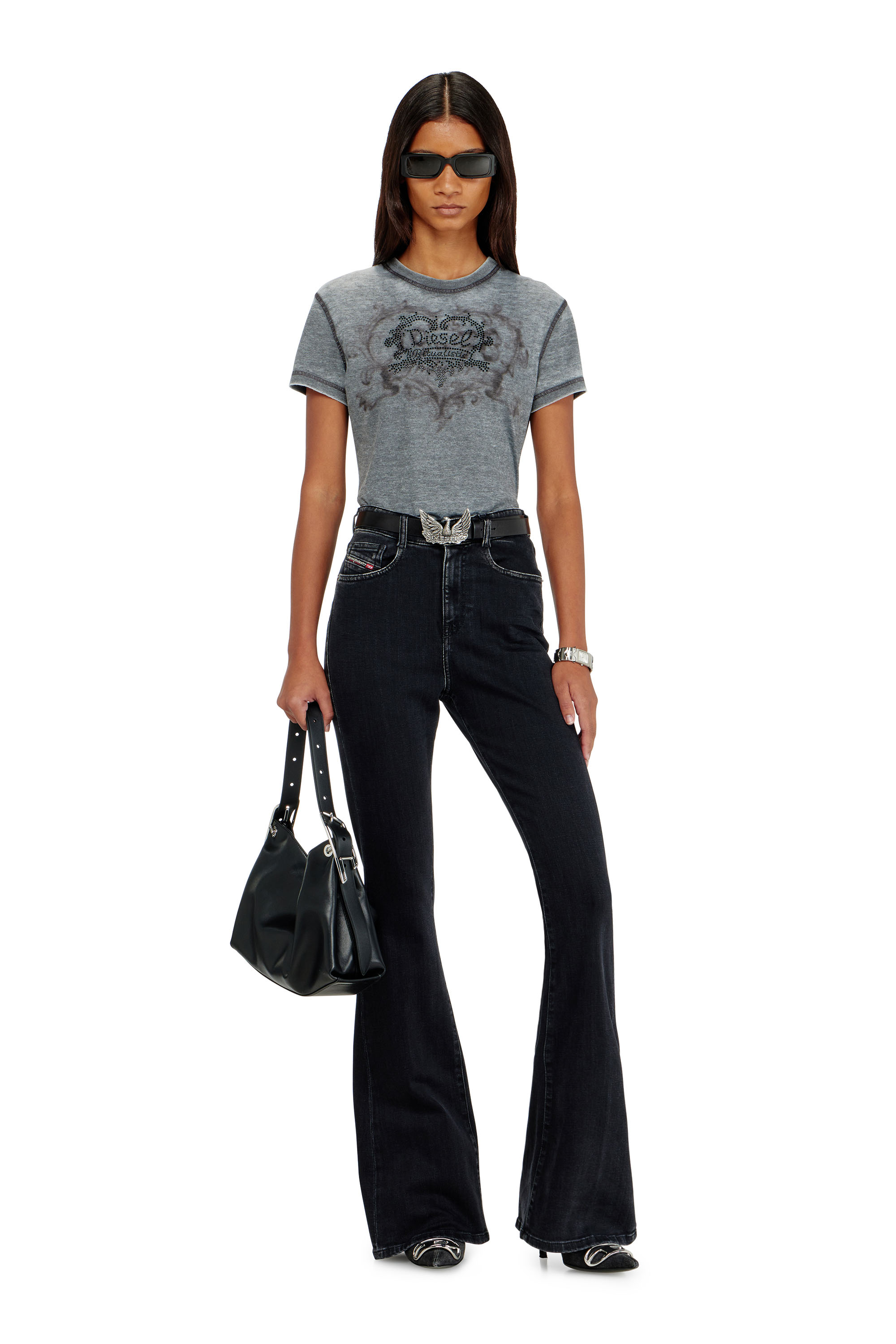 Diesel - T-ILA-AA1, T-shirt en jersey avec strass et burnout effect Femme in Gris - 1