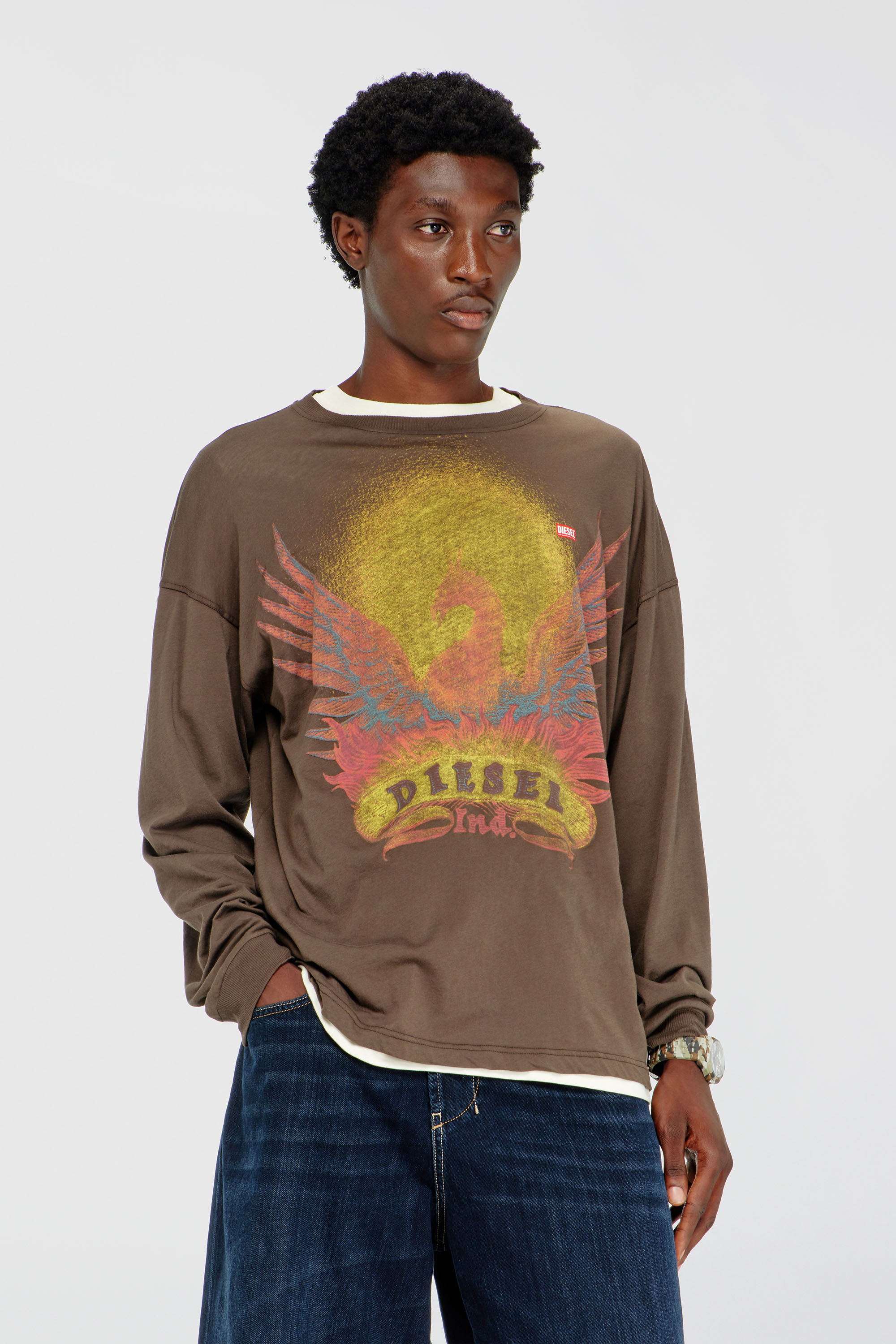 Diesel - T-BOXT-LS-AA1, Man's Long sleeve T-shirt with Phoenix graphic in Brown - 1
