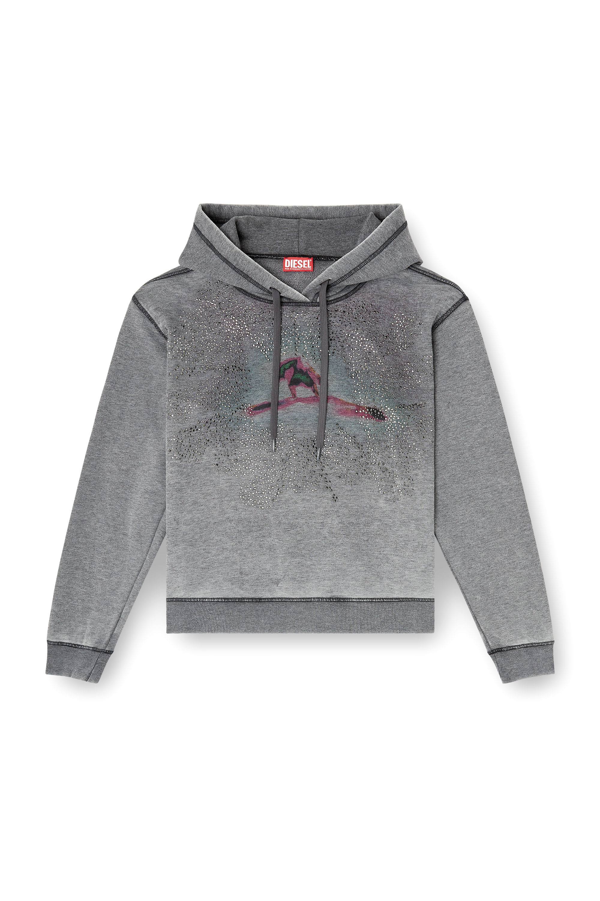 Diesel - F-NORMY-HOOD-S1, Woman's Hoodie with digital graphic and rhinestone detailing in Grey - 3
