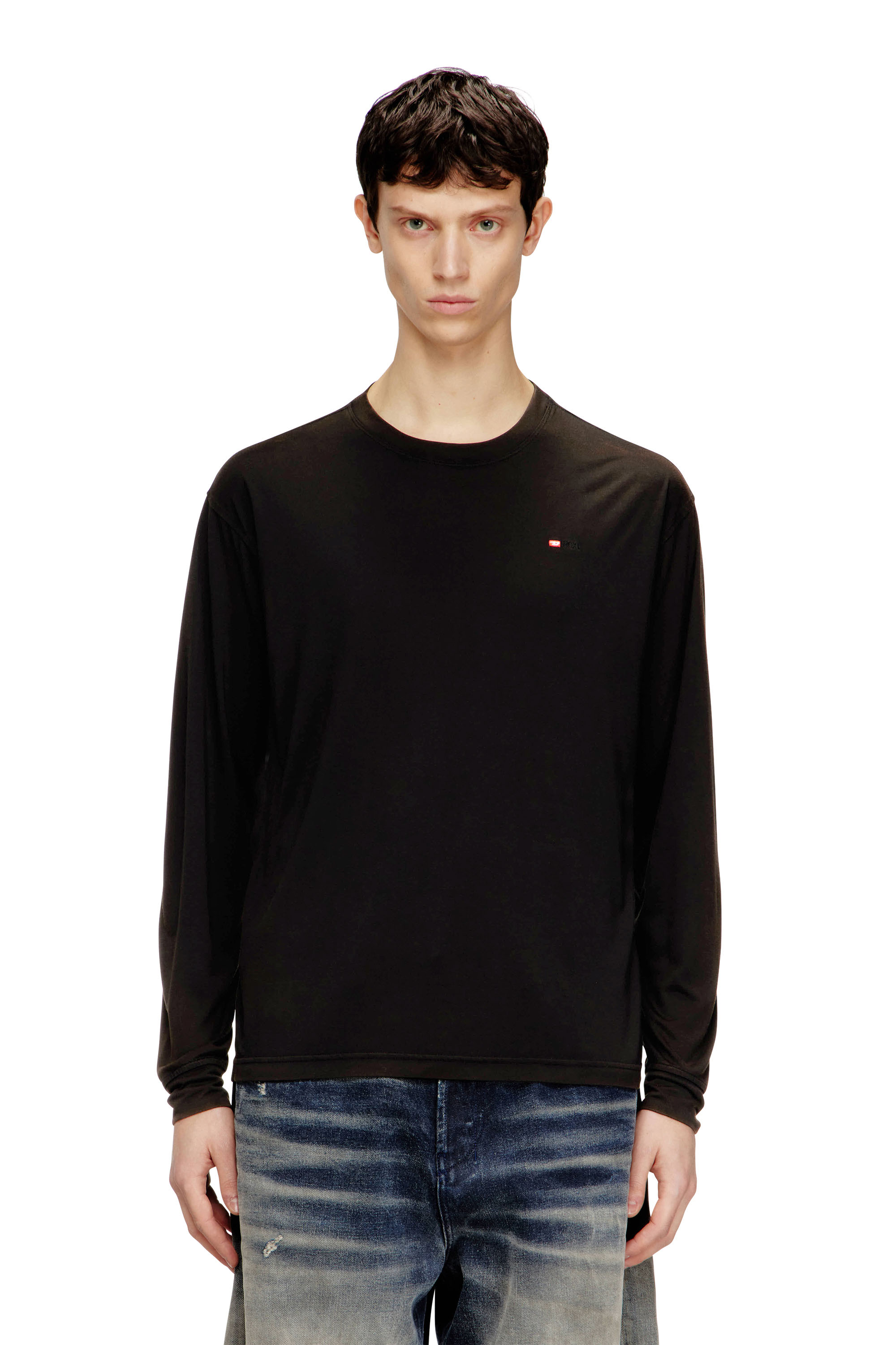 Diesel - T-NORMS-LS, T-shirt &agrave; manches longues fluide avec micro broderie Homme in Noir - 3