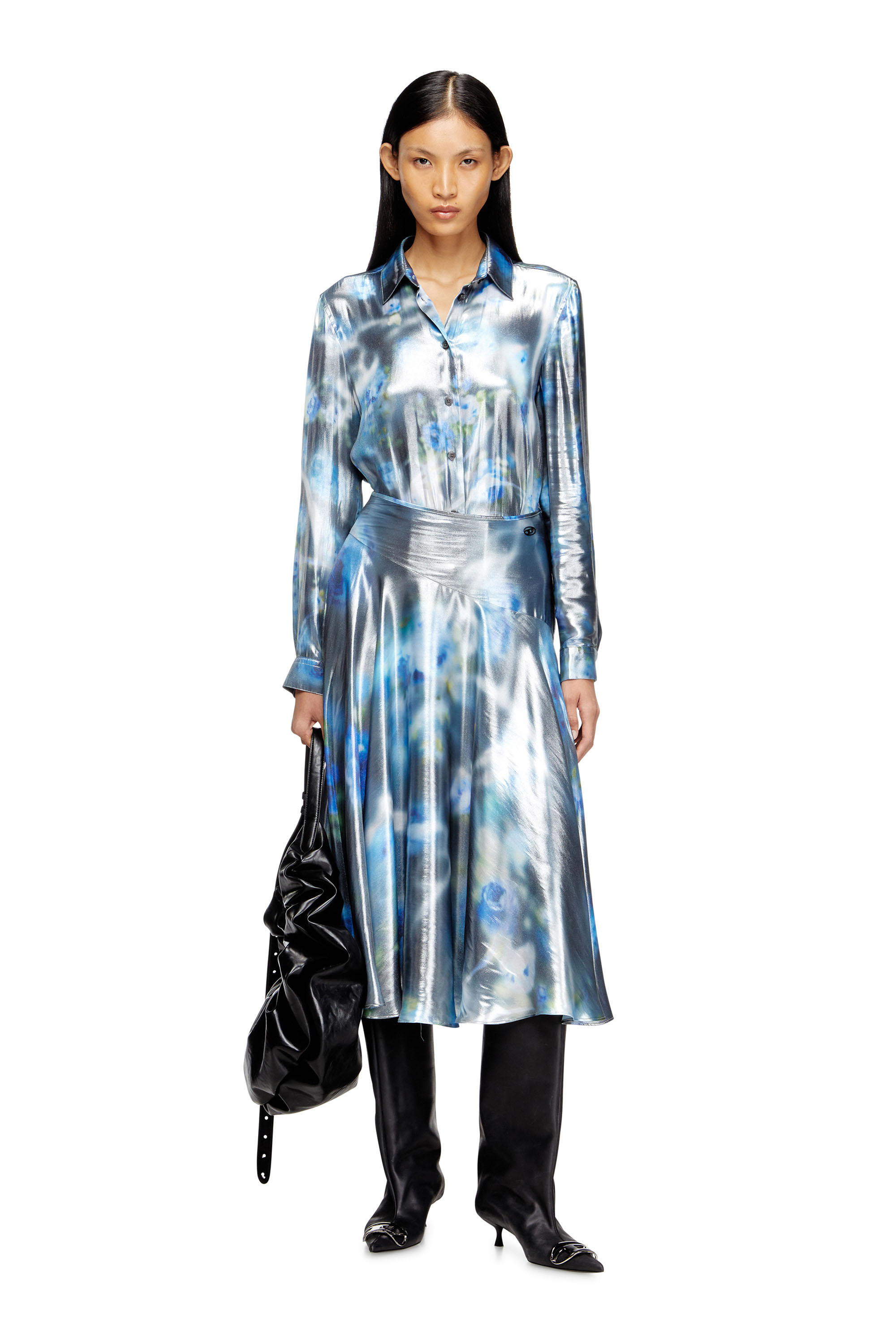 C-RONOR-S2, Blue Diesel - C-RONOR-S2, Woman's Metallic shirt with blurred roses print in Blue - 1