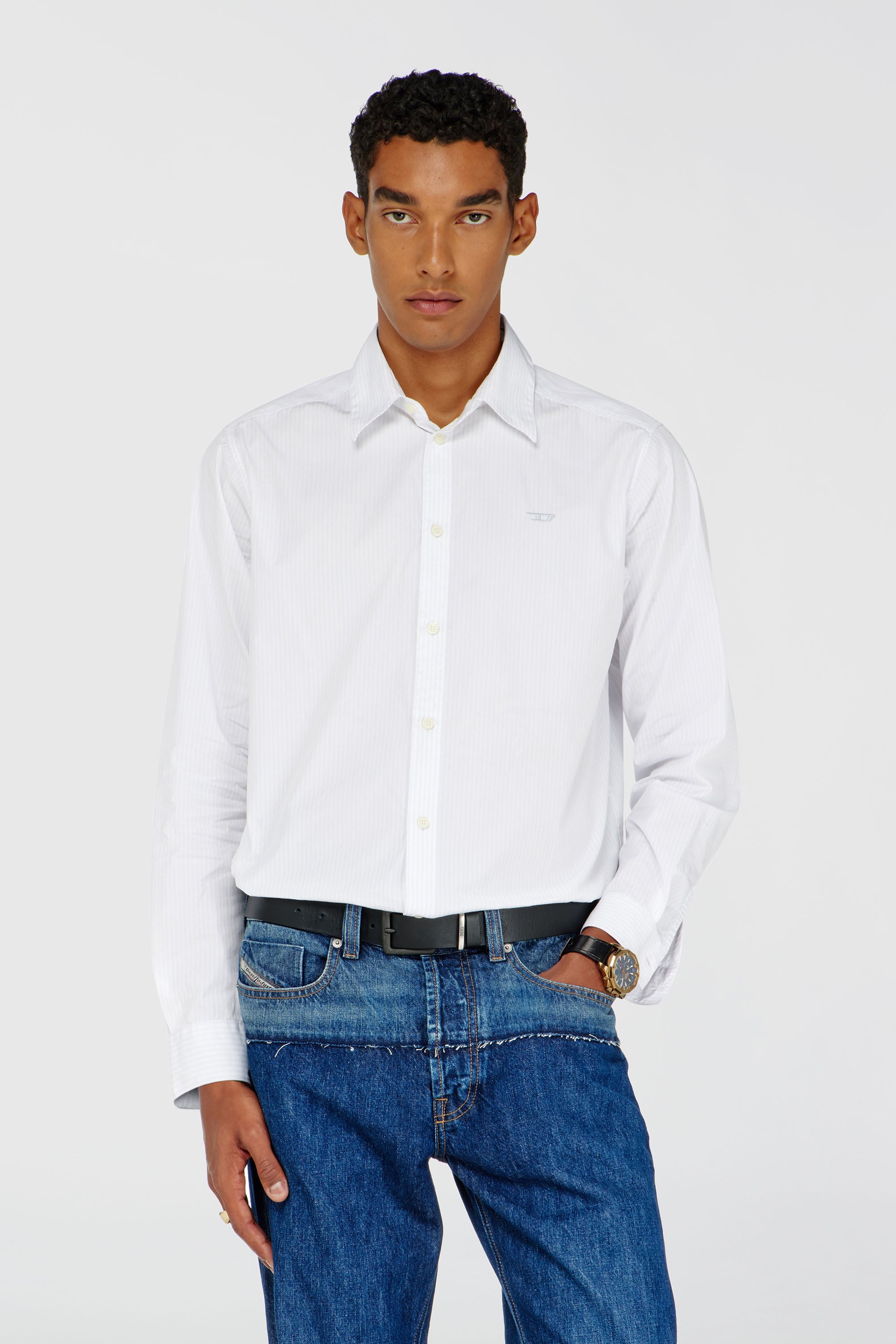 Diesel - S-SIMPLY-NA-DNAN, Chemise ray&eacute;e en coton avec broderie D Homme in Blanc - 1