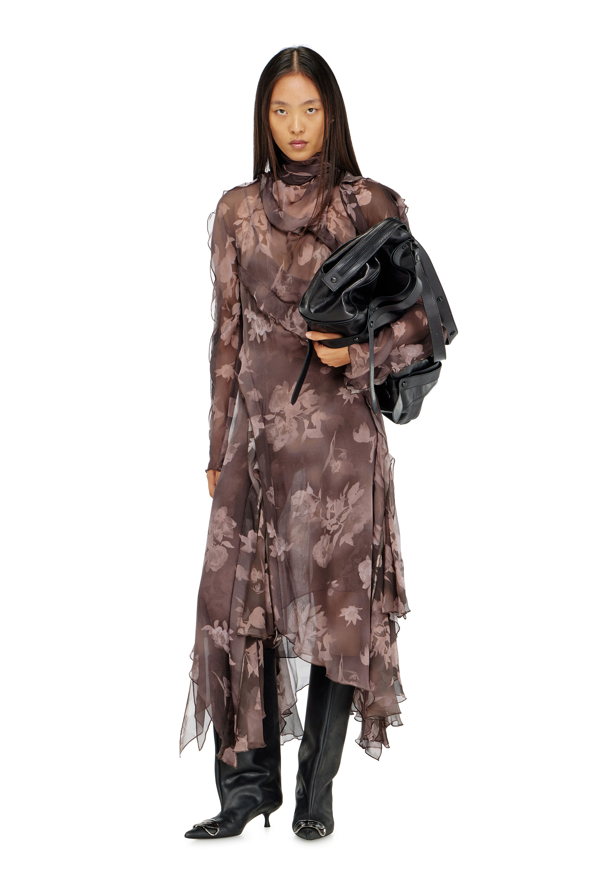 Diesel - D-RIADI, Robe midi asym&eacute;trique en chiffon et cr&ecirc;pe de soie Femme in Marron - 1