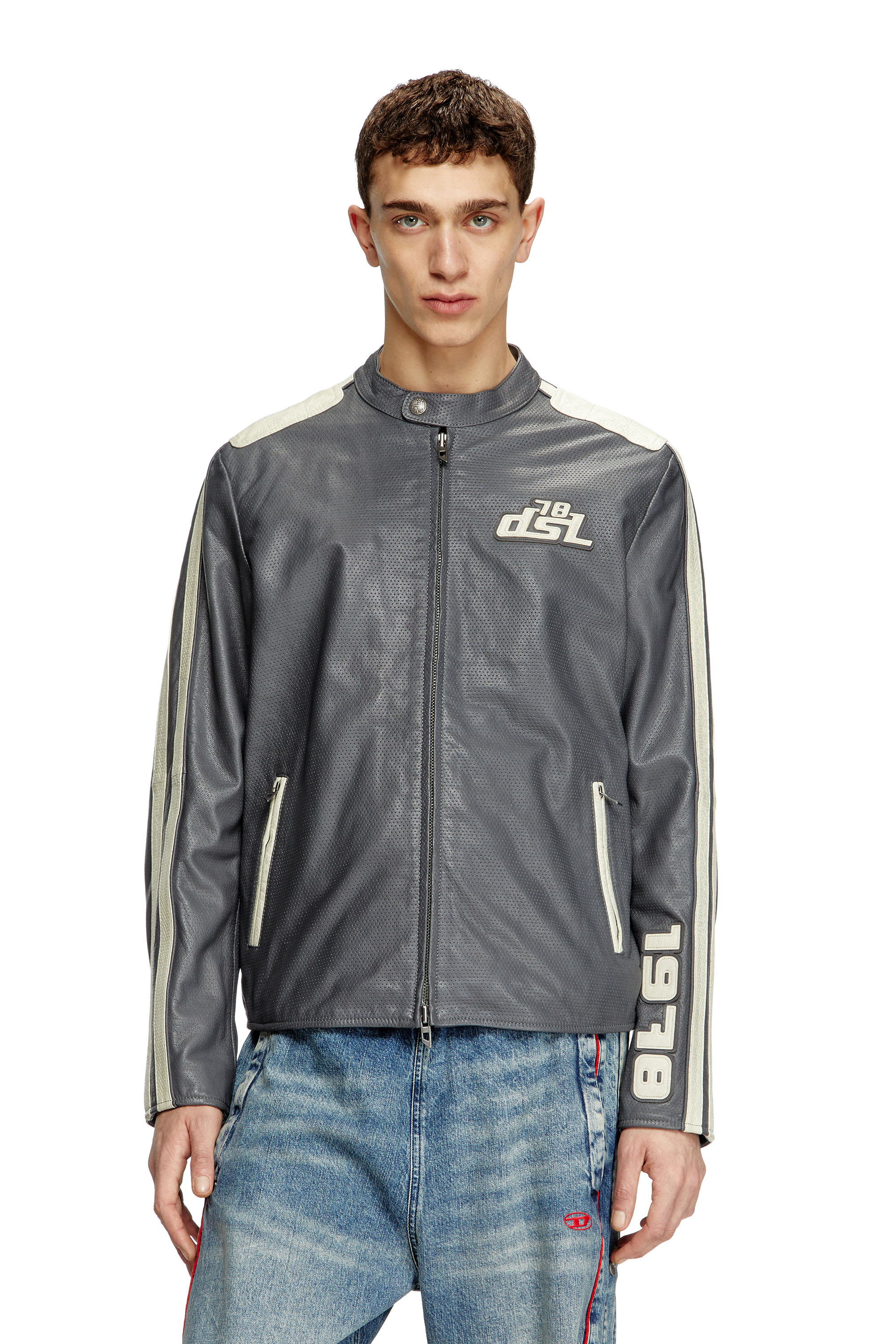 Diesel - L-POP, Veste de motard en cuir perfor&eacute; Mixte in Gris - 3