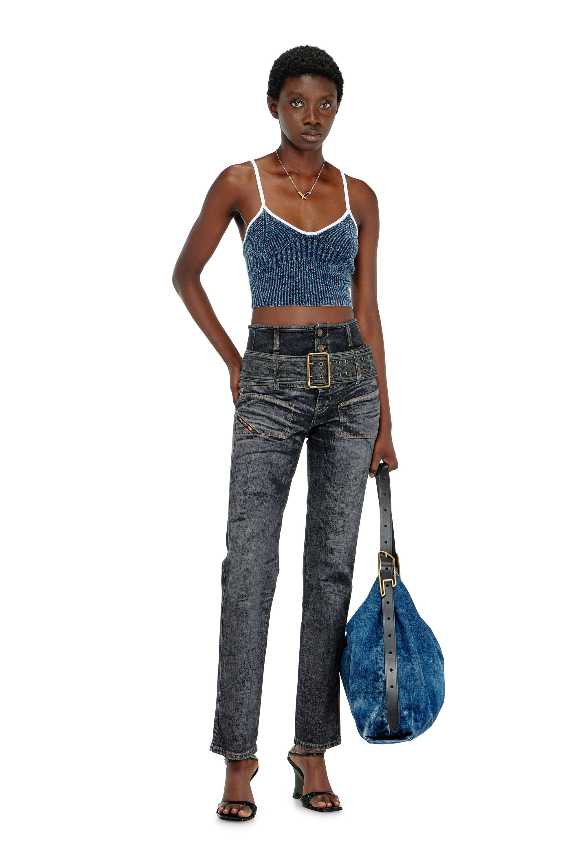 Diesel - M-ESTERE, Crop top en maille c&ocirc;tel&eacute;e indigo boucl&eacute; Femme in Polychrome - 1