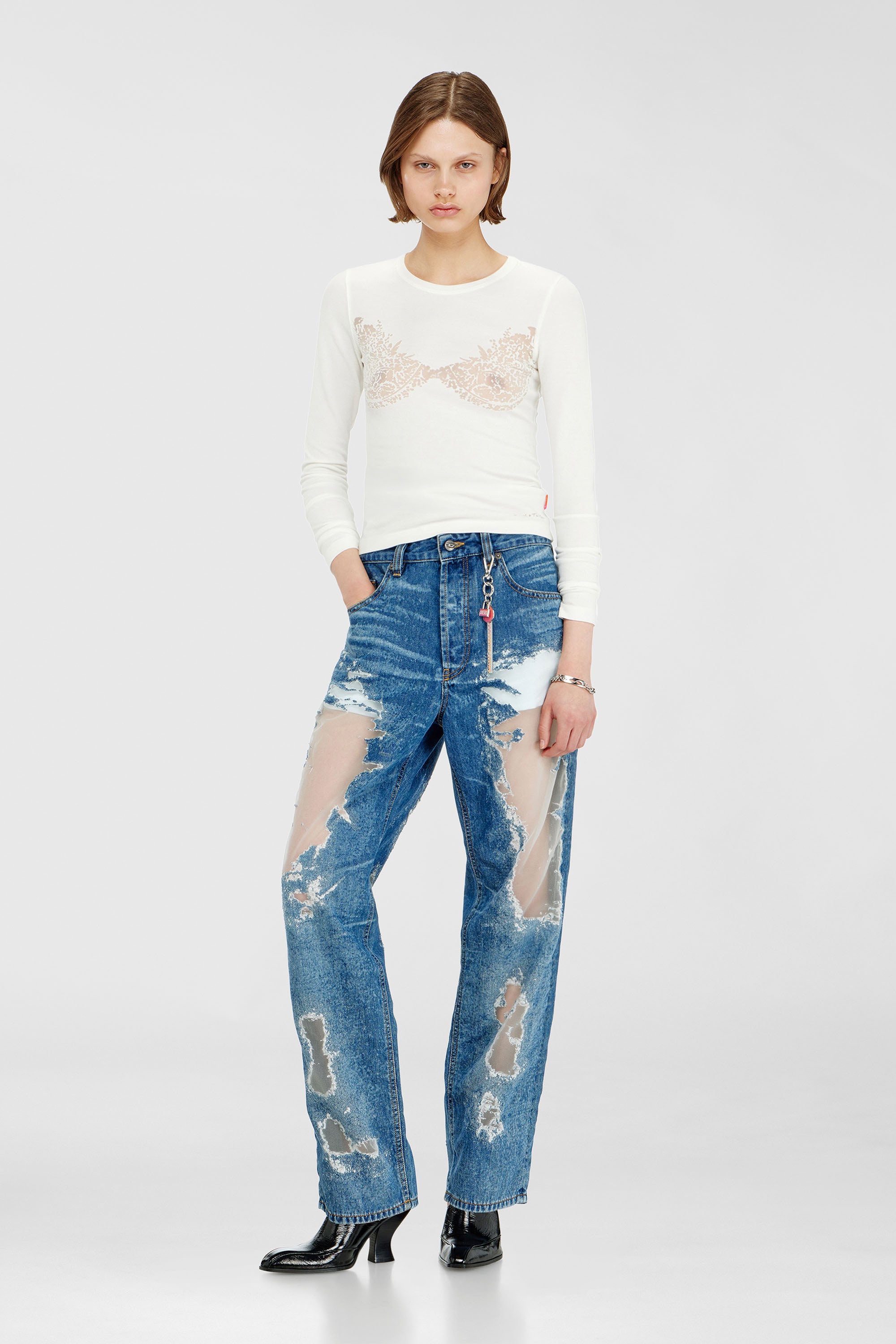 Diesel - PR-T-MOKKI-LS-R, Top avec effet dentelle devor&eacute; Femme in Blanc - 1