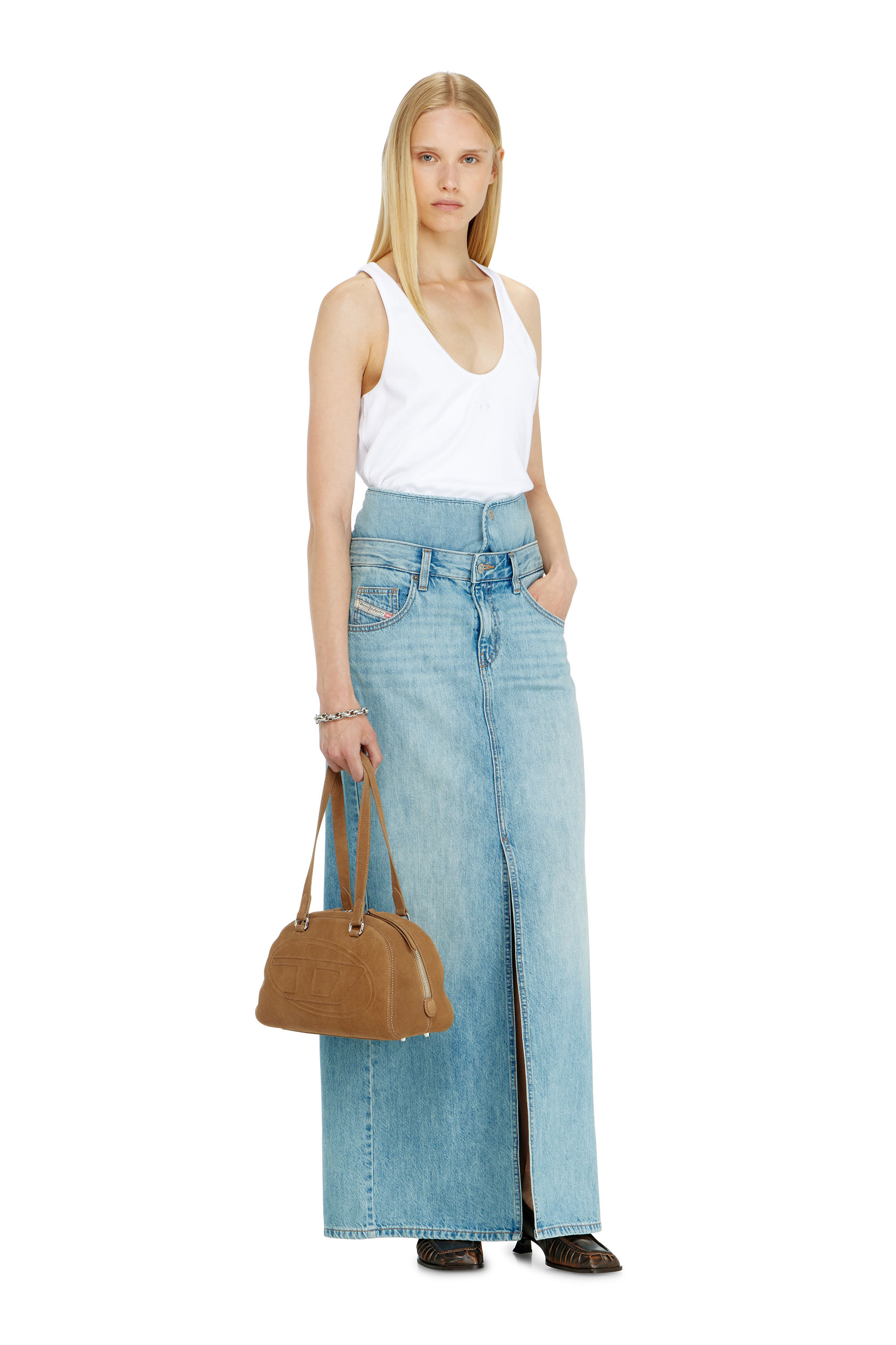 Diesel - DE-SPIVEY, Jupe longue en denim effet jean avec fentes Femme in ToBeDefined - 1