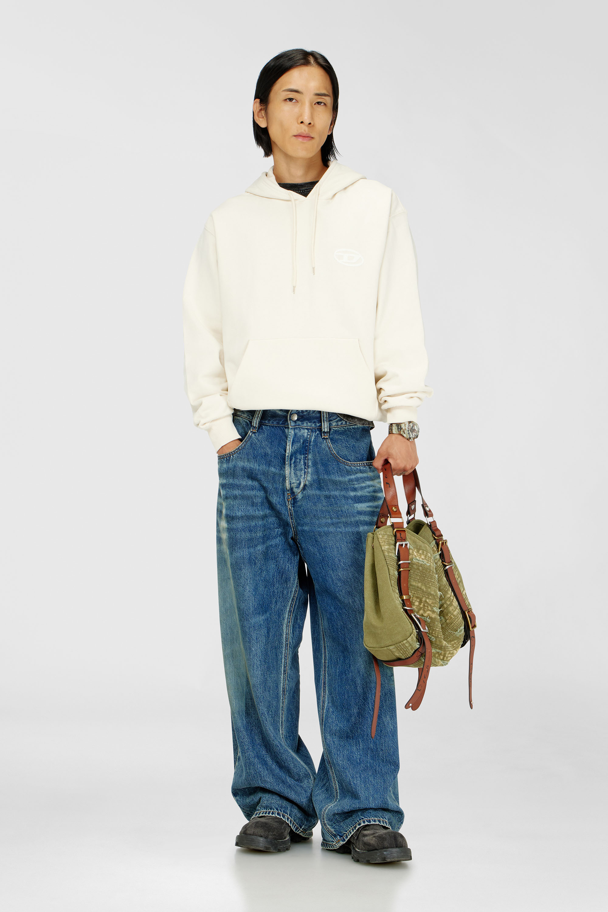 Diesel - S-LUK-H-T92, Sweat &agrave; capuche en coton avec broderie logo Oval D ton sur ton Homme in Blanc - 1