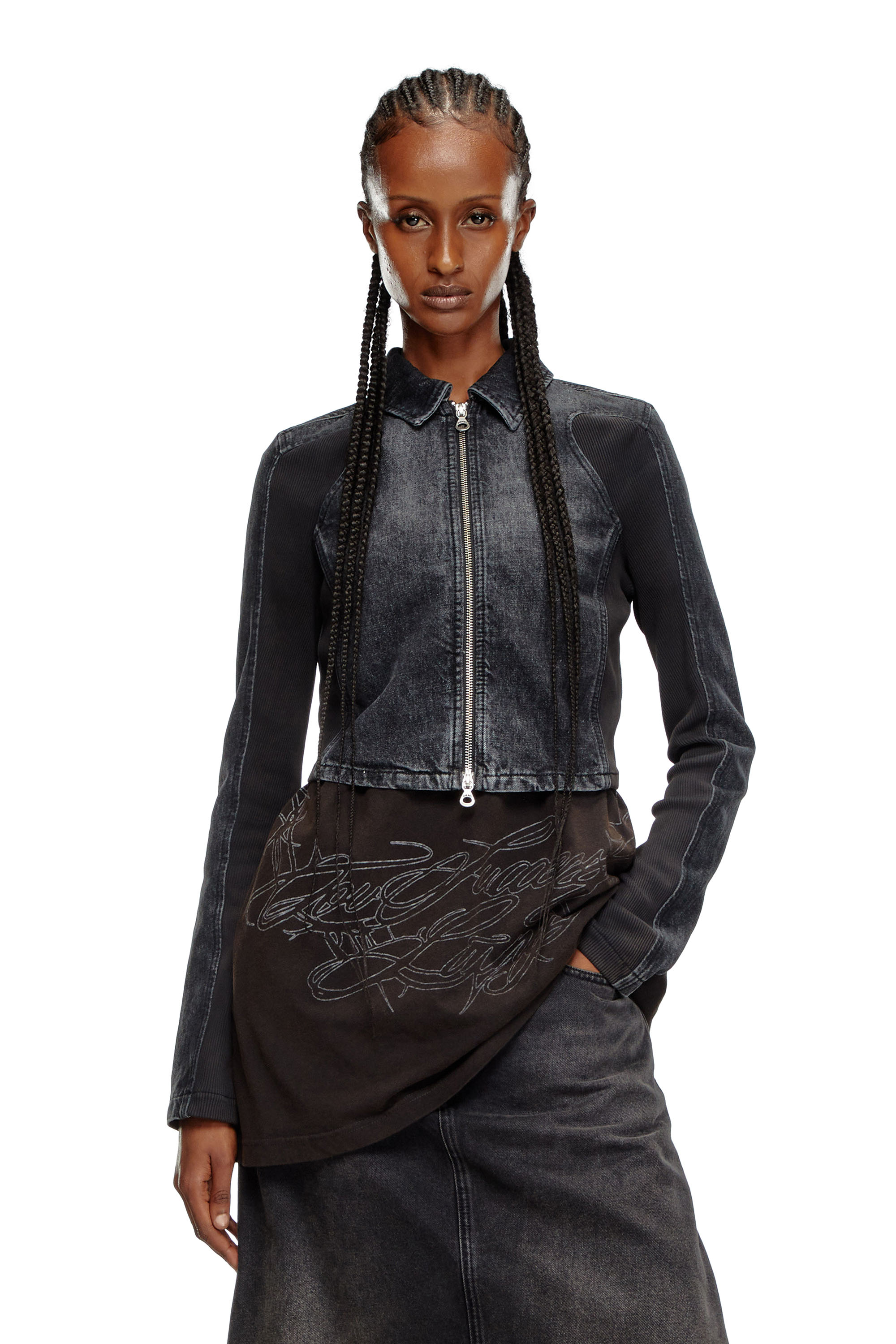 Diesel - DE-SYLEN-S, Veste courte en denim avec empi&egrave;cements c&ocirc;tel&eacute;s Femme in Noir - 3