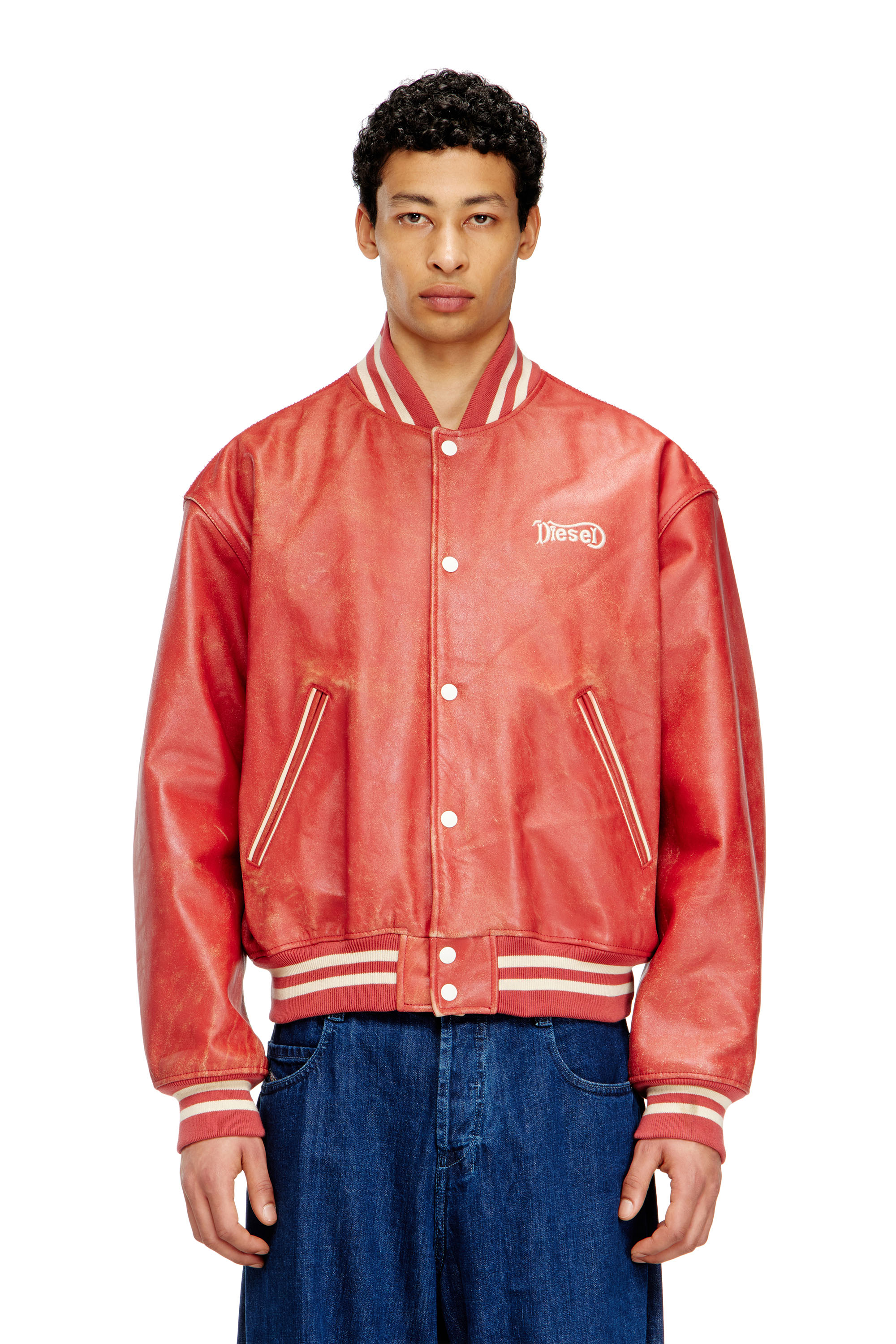 Diesel - L-DIFORDI-20TH, Blouson aviateur en cuir avec logo Diesel Mixte in Rouge - 3