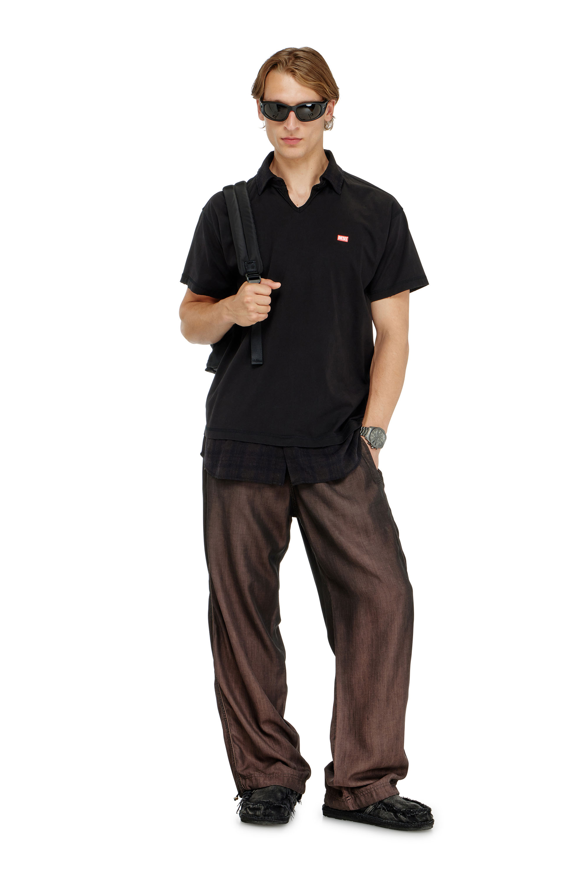Diesel - T-ANSEL, Polo en jersey avec finitions en flanelle &agrave; carreaux Homme in Noir - 2