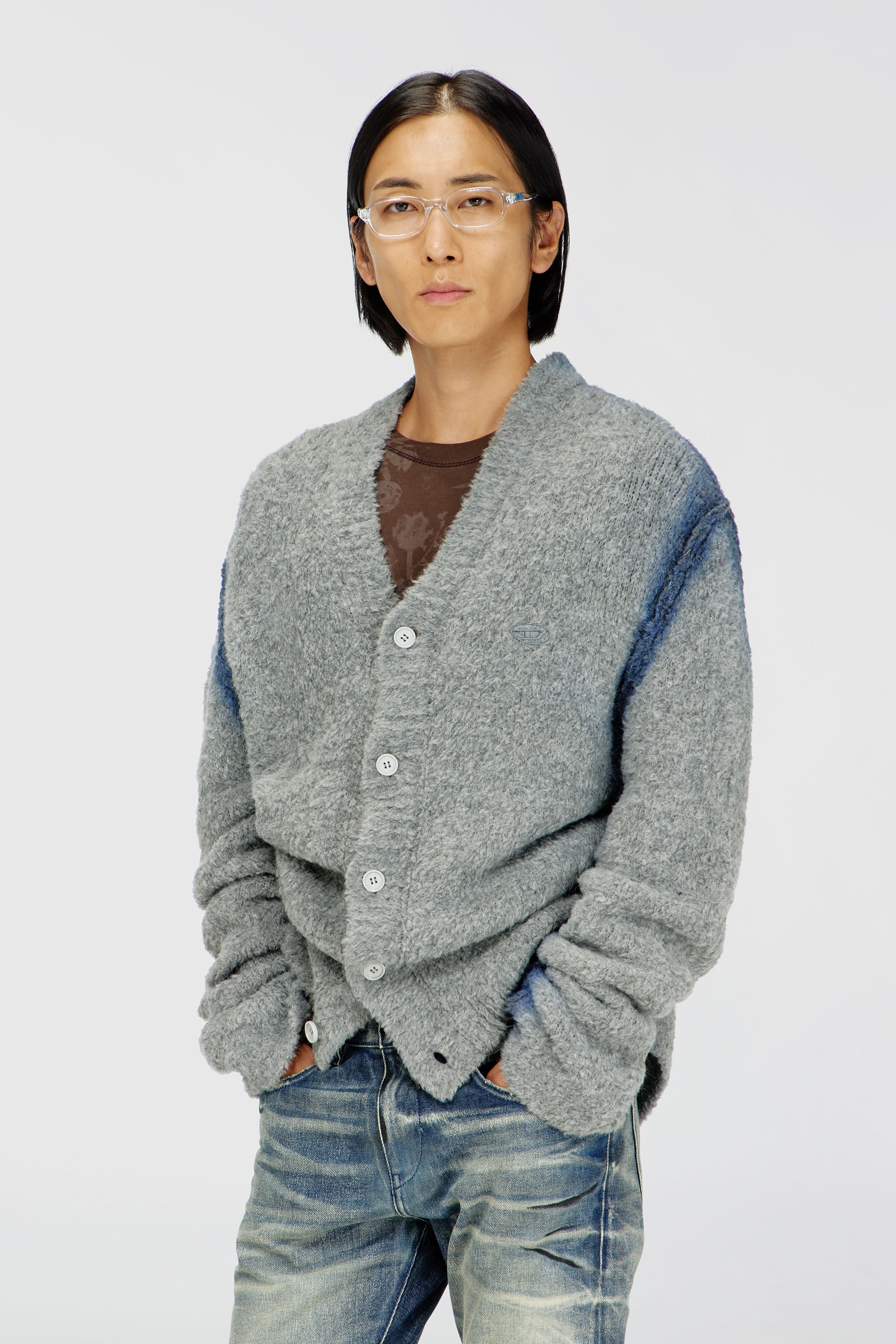 Diesel - K-REMO, Cardigan en m&eacute;lange d'alpaga avec coutures effet spray Homme in Gris - 1